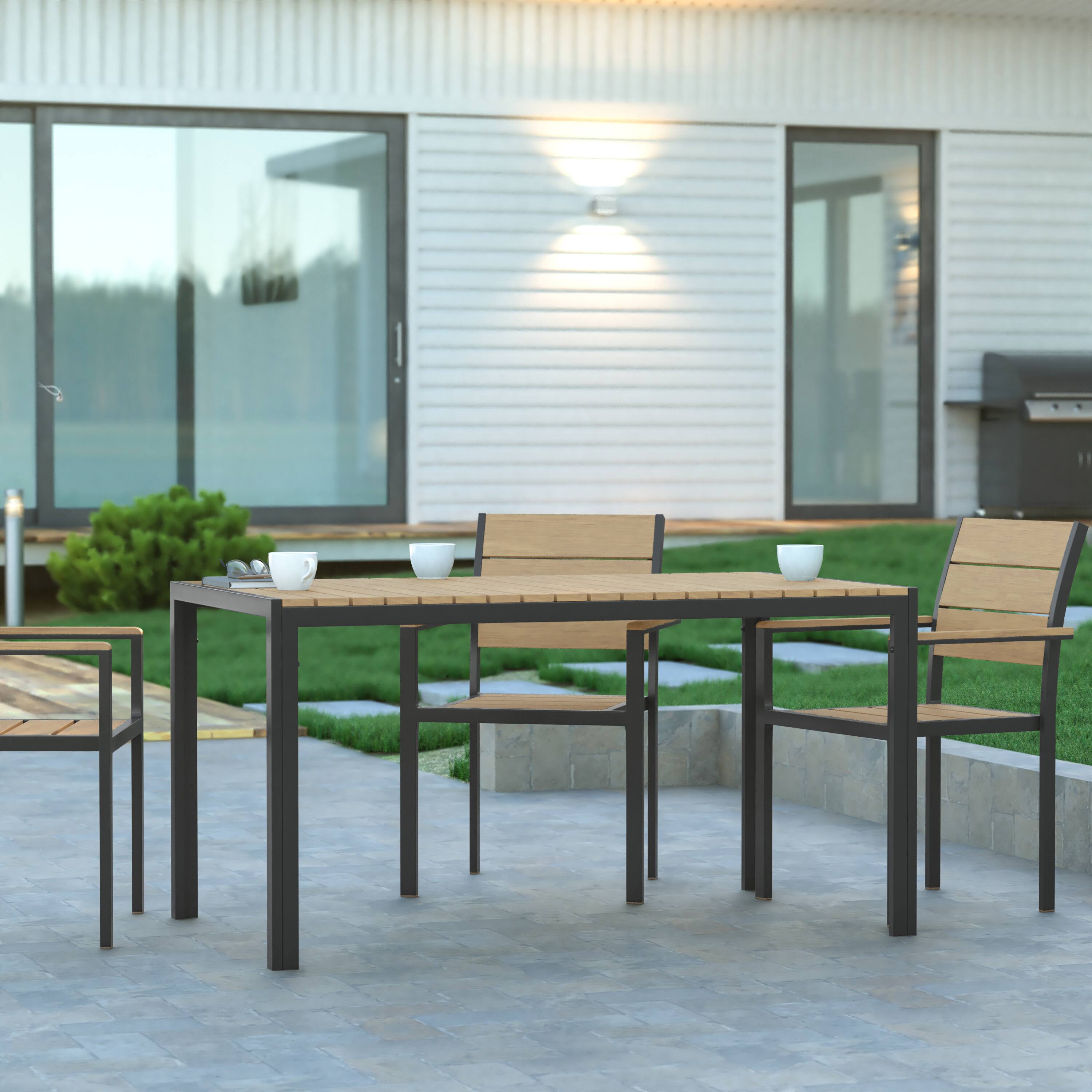 Alt View 1. Emma + Oliver - Fena 55" x 31" Outdoor Dining Table with Faux Teak Poly Slat Top and Metal Frame - Natural Top/Gray Frame.