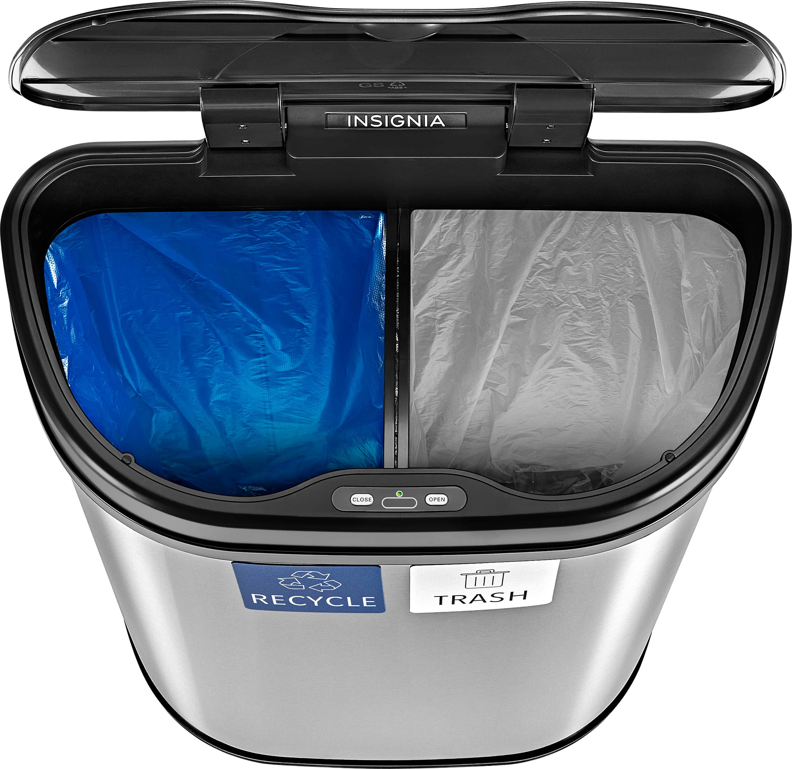 Left. Insignia™ - 18 Gal. Automatic Trash Can with Recycle and Waste Divider - Stainless steel.