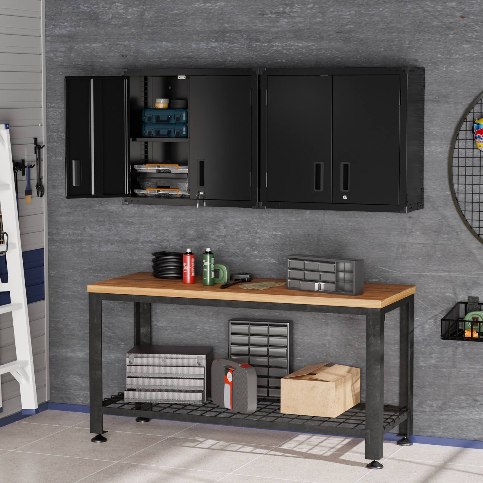 Left. Winado - Wall Mounted Metal Storage Cabinet Garage Wall Cabinet with Adjustable Shelves - Black.