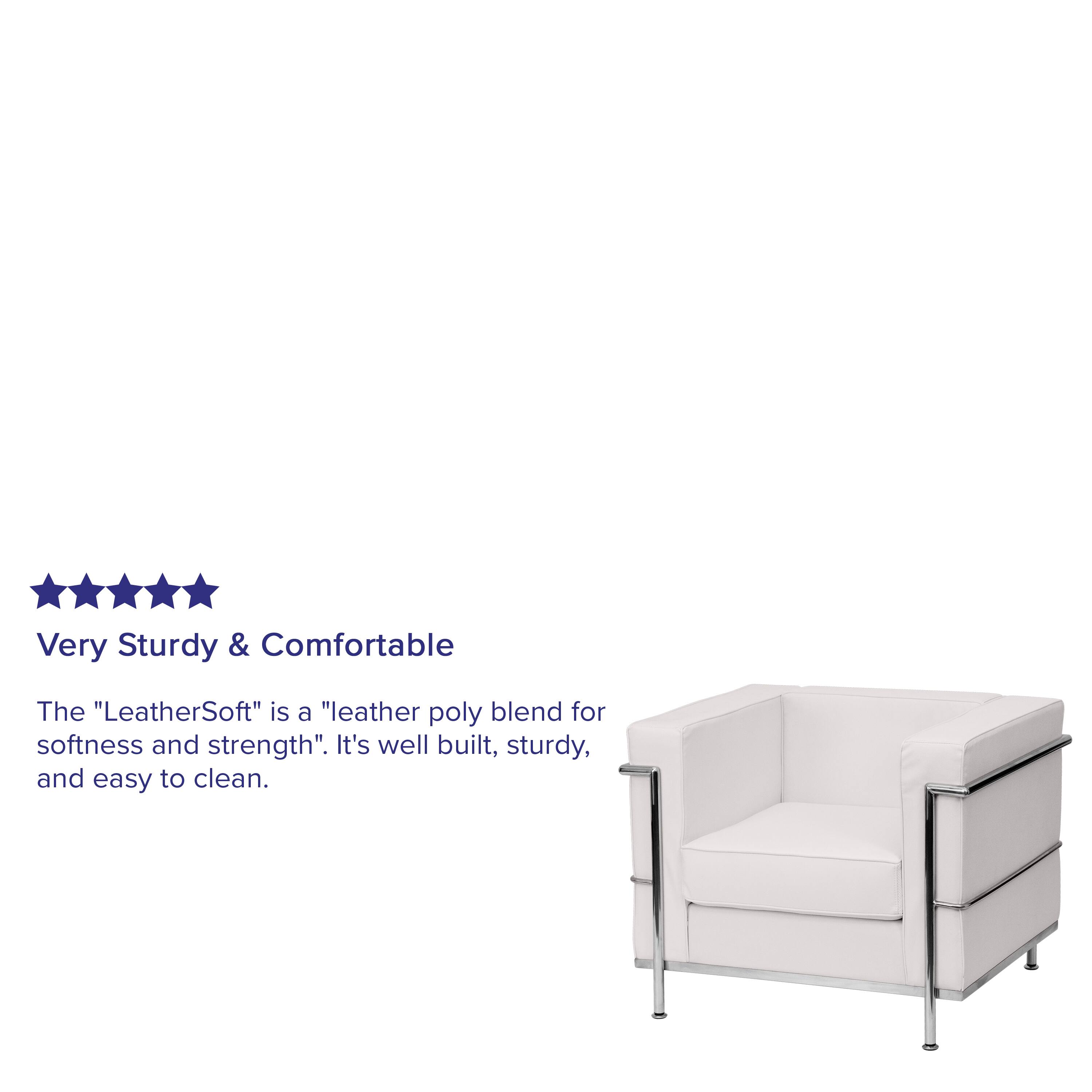 Very Sturdy & Comfortable

The "LeatherSoft" is a "leather poly blend for softness and strength". It's well built, sturdy, and easy to clean.