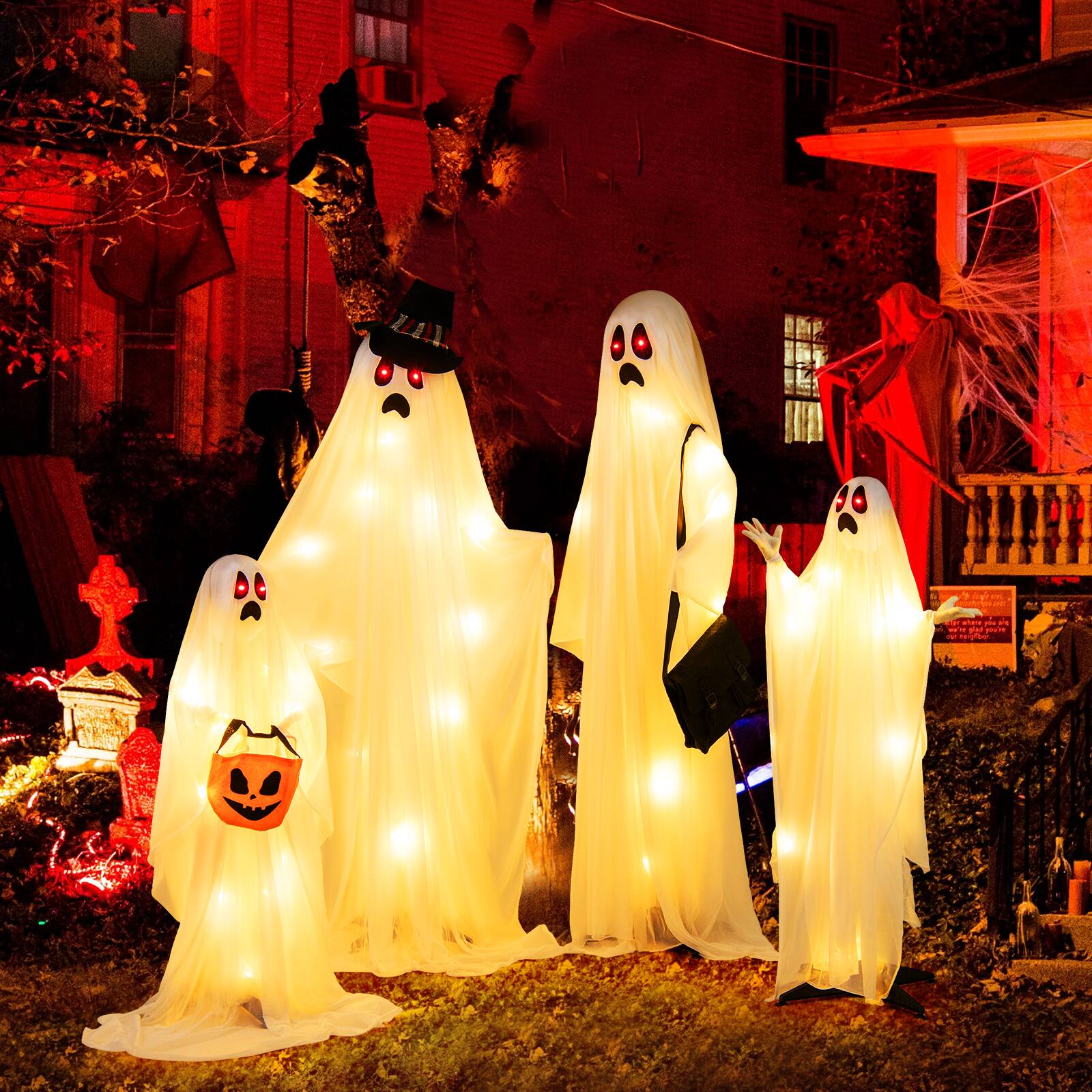 Alt View 16. Costway - 4 PCS Halloween Light up Cloth Ghosts Life-size Standing Ghost Family with Red and Warm LED Lights - White.