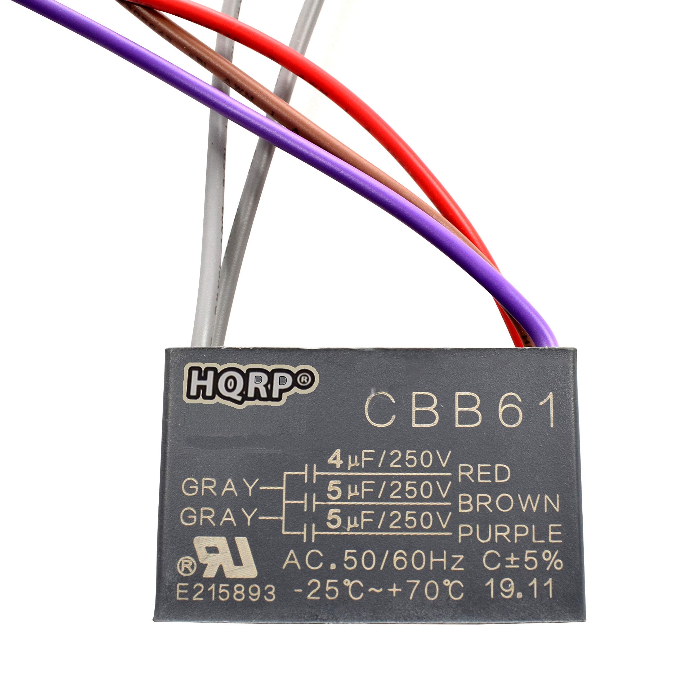 HQRP CBB61  
4 µF/250V RED  
5 µF/250V BROWN  
5 µF/250V PURPLE  
AC. 50/60Hz C+5%  
E215893 -25°C~+70°C  
19.11