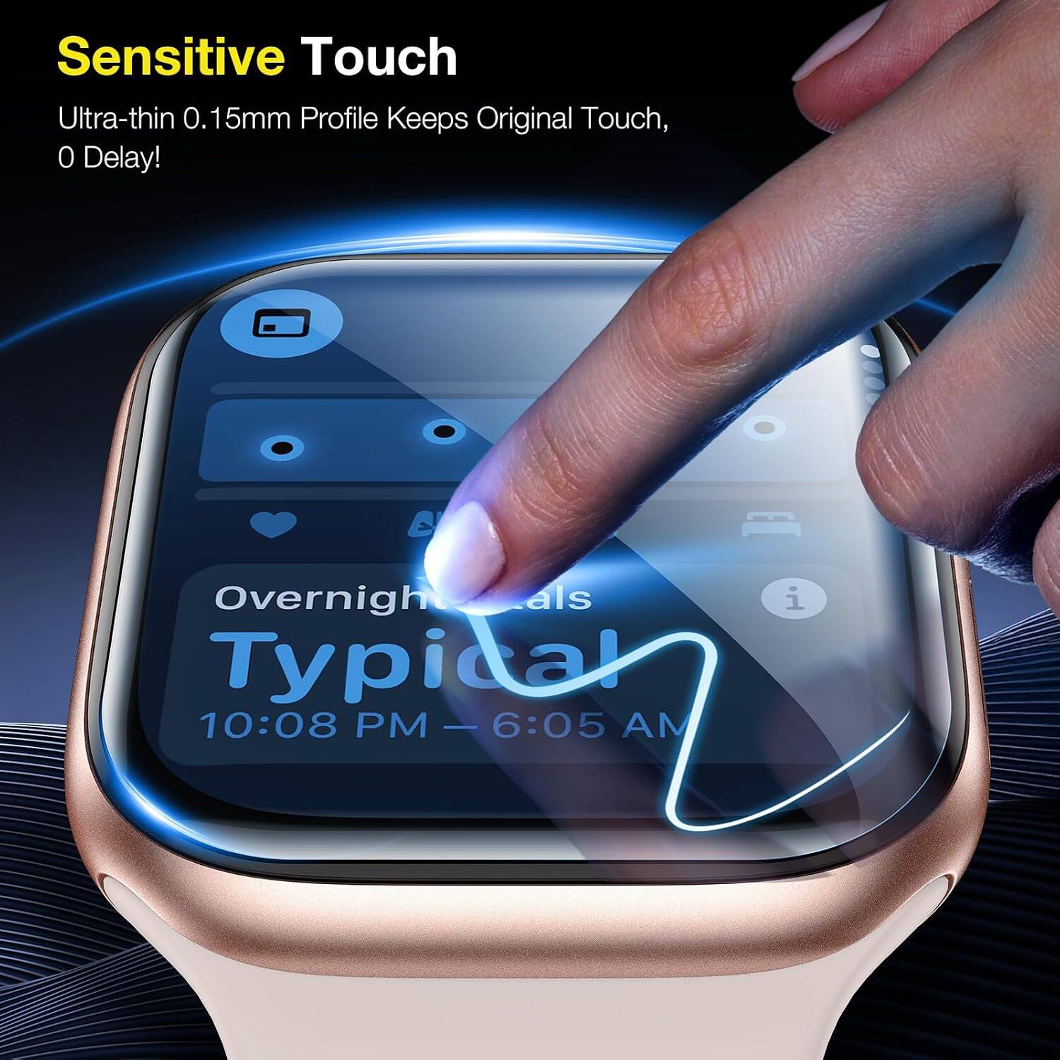 Sensitive Touch  
Ultra-thin 0.15mm Profile Keeps Original Touch, 0 Delay!  

Overnight als Typical  
10:08 PM - 6:05 AM
