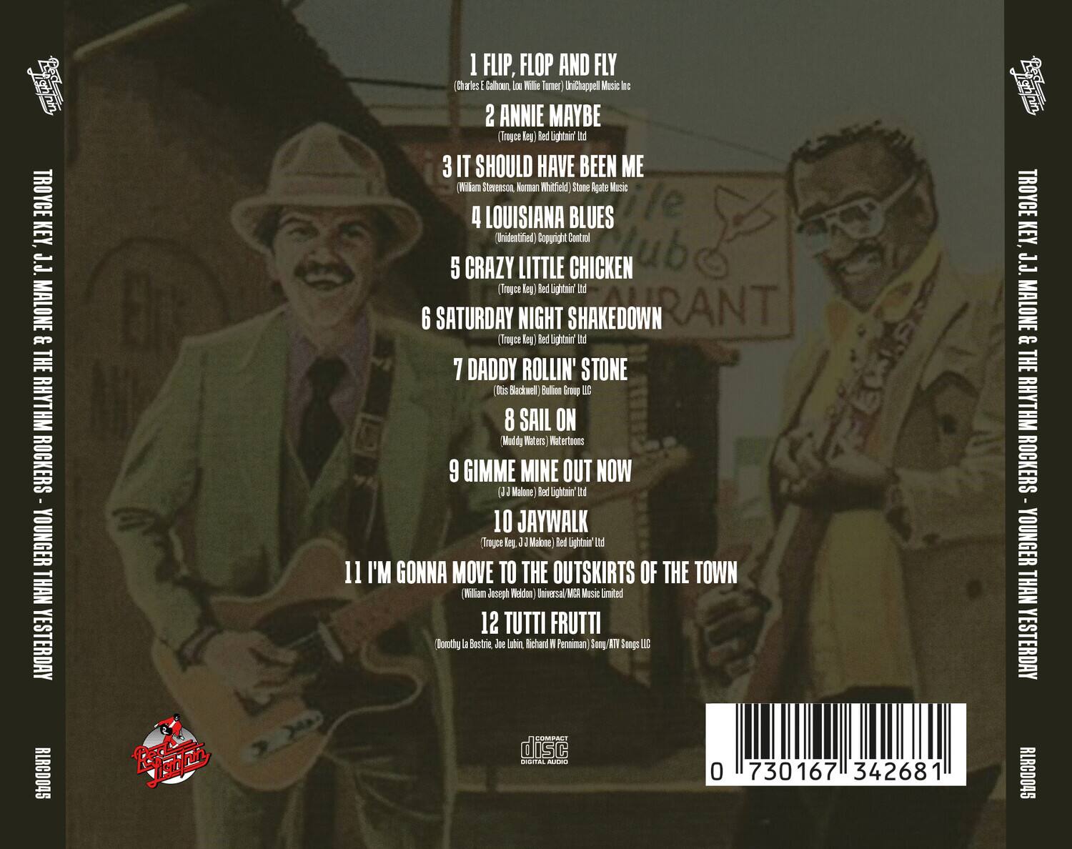TROYCE KEY, J.J. MALONE & THE RHYTHM ROCKERS - YOUNGER THAN YESTERDAY

1. FLIP, FLOP AND FLY  
   (Charles E. Calhoun, Lou Willie Turner) - Unichappell Music Inc.

2. ANNIE MAYBE  
   (Troyce Key) - Red Lightnin' Ltd.

3. IT SHOULD HAVE BEEN ME  
   (William Stevenson, Norman Whitfield) - Stone Agate Music

4. LOUISIANA BLUES  
   (Unidentified) - Copyright Control

5. CRAZY LITTLE CHICKEN  
   (Troyce Key) - Red Lightnin' Ltd.

6. SATURDAY NIGHT SHAKEDOWN  
   (Troyce Key) - Red Lightnin' Ltd.

7. DADDY ROLLIN' STONE  
   (Otis Blackwell) - Bulletin Group, LLC

8. SAIL ON  
   (Muddy Waters) - Wateroons

9. GIMME MINE OUT NOW  
   (J.J. Malone) - Red Lightnin' Ltd.

10. JAYWALK  
    (Troyce Key, J.J.