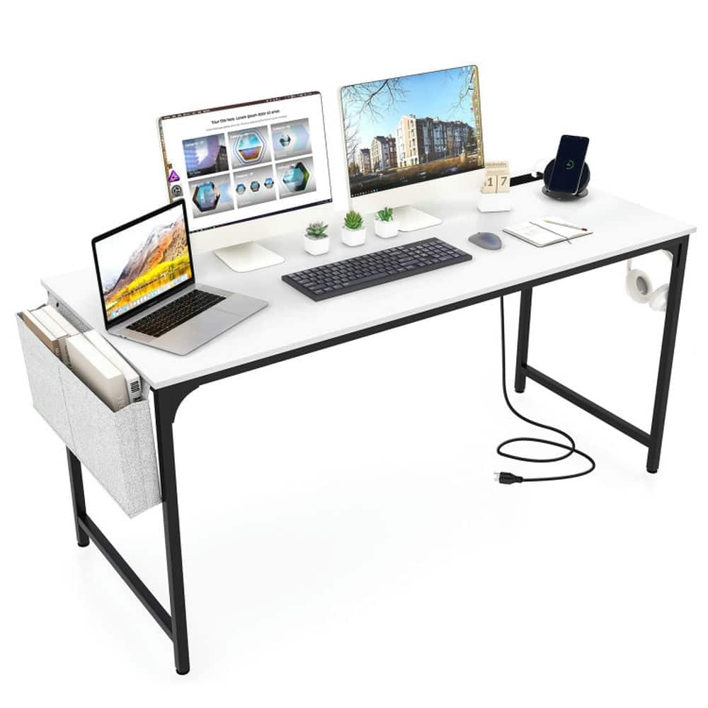 Kadyn - 60 Inch Computer Desk with Charging Station Storage Bag- Home Office Desks, Gaming Computer Desks for Study - White