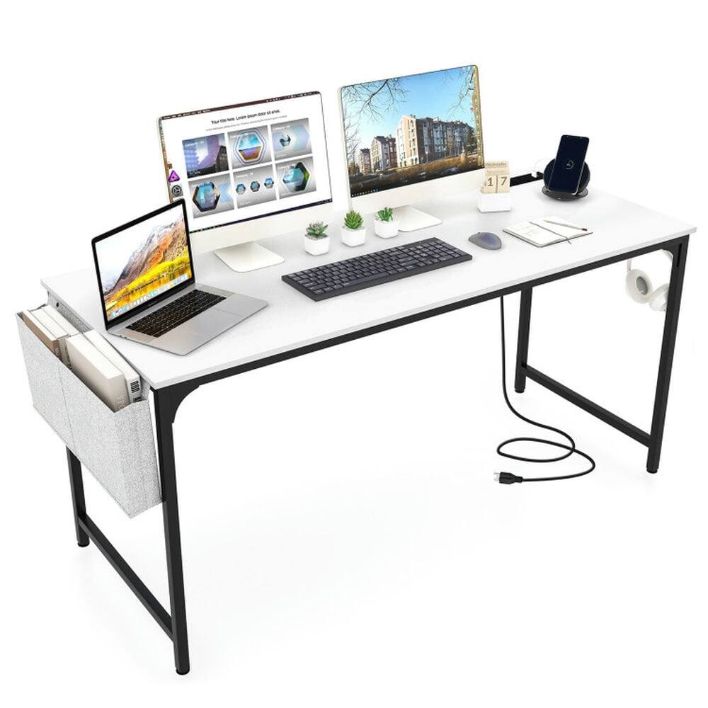 Front. Kadyn - 60 Inch Computer Desk with Charging Station Storage Bag-White, Home Office Desks, Gaming Computer Desks for Study - White.