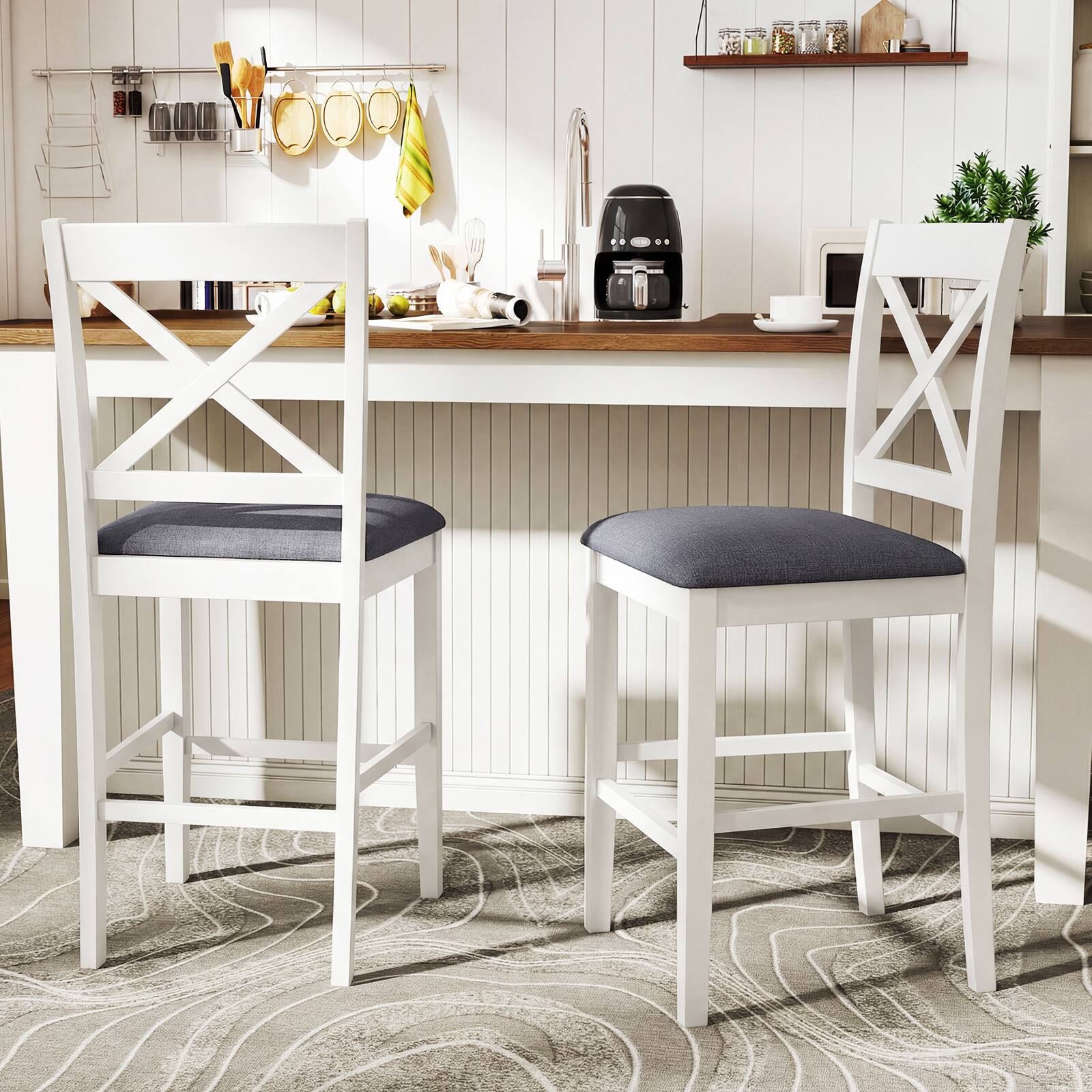 Alt View 4. Costway - Costway Rubber Wood X-Back Bar Stools Set of 4 with Upholstered Cushioned Seats & Footrests - White and Gray.