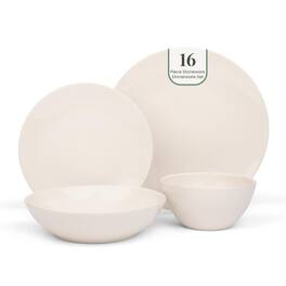 Larder & Vine - 16-Piece Classic Dinnerware Set for 4, Ceramic Stoneware Made in Portugal - Natural White