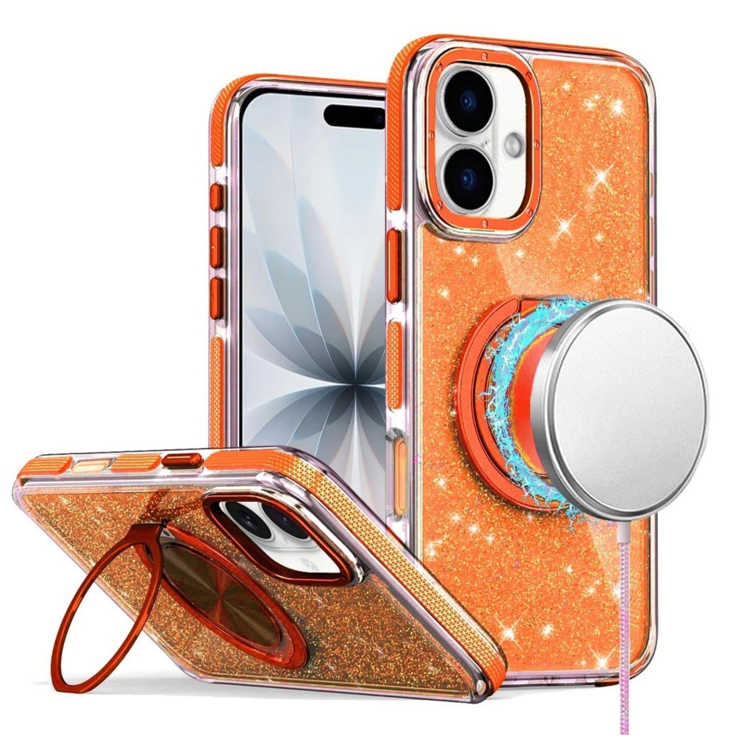 Kitcheniva - 360 Stand Full Glitter Cover Phone Case With Magnetic Circle Tempered Glass For iPhone 17 - Cosmic Orange price history on PriceWatchPro