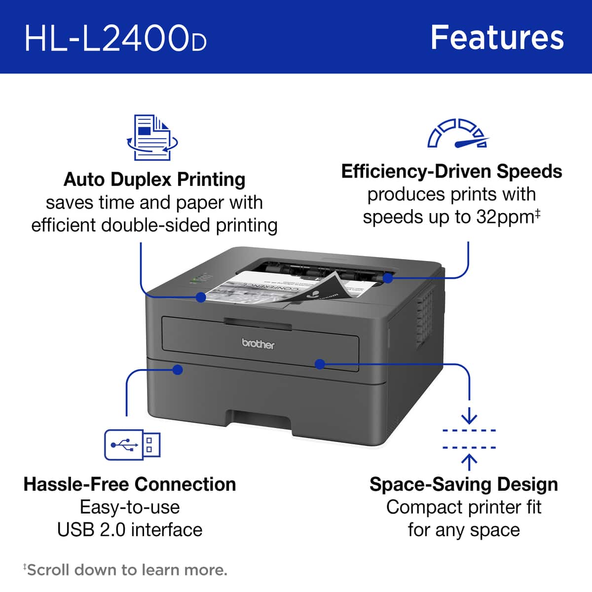 HL-L2400D Features:
1. Auto Duplex Printing: saves time and paper with efficient double-sided printing
2. Efficiency-Driven Speeds: produces prints with speeds up to 32ppm+
3. Hassle-Free Connection: easy-to-use USB 2.0 interface
4. Space-Saving Design: compact printer fit for any space
5. Hassle-Free Connection: easy-to-use USB 2.0 interface
6. Space-Saving Design: compact printer fit for any space
7. Hassle-Free Connection: easy-to-use USB 2.0 interface
8. Space-Saving Design: compact printer fit for any space
9. Hassle-Free Connection: easy-to-use USB 2.0 interface
10. Space-Saving Design: compact printer fit for any space
Note: The text is already correct, but it has been grouped for better readability.