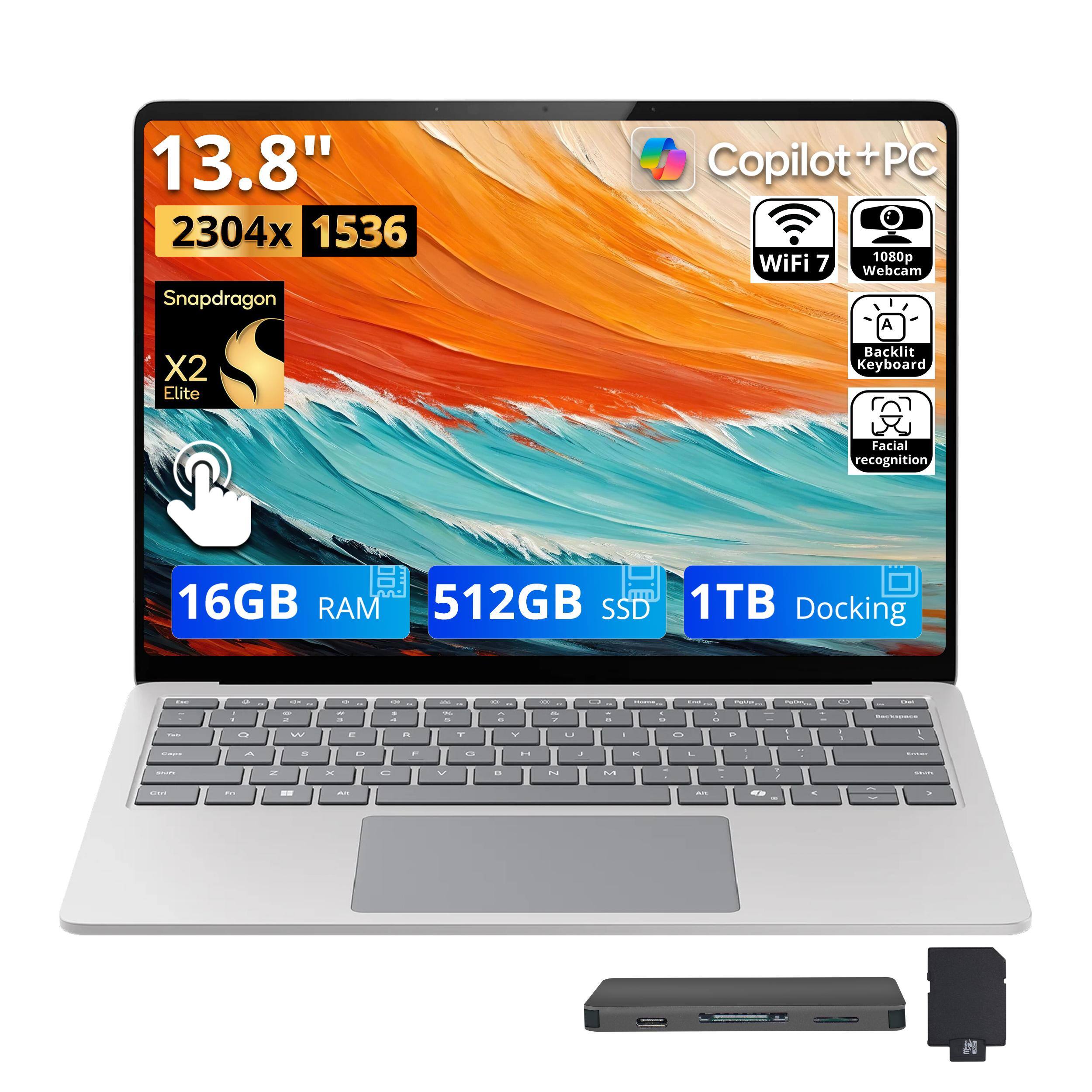 13.8" 2304x1536 Snapdragon X2 Elite

Copilot+PC WiFi 7 1080p Webcam A

Backlit Keyboard Facial recognition

16GB RAM 512GB SSD 1TB Docking