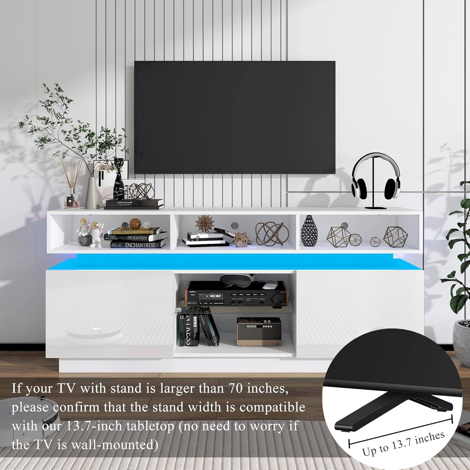 If your TV with stand is larger than 70 inches, please confirm that the stand width is compatible with our 13.7-inch tabletop (no need to worry if the TV is wall-mounted)