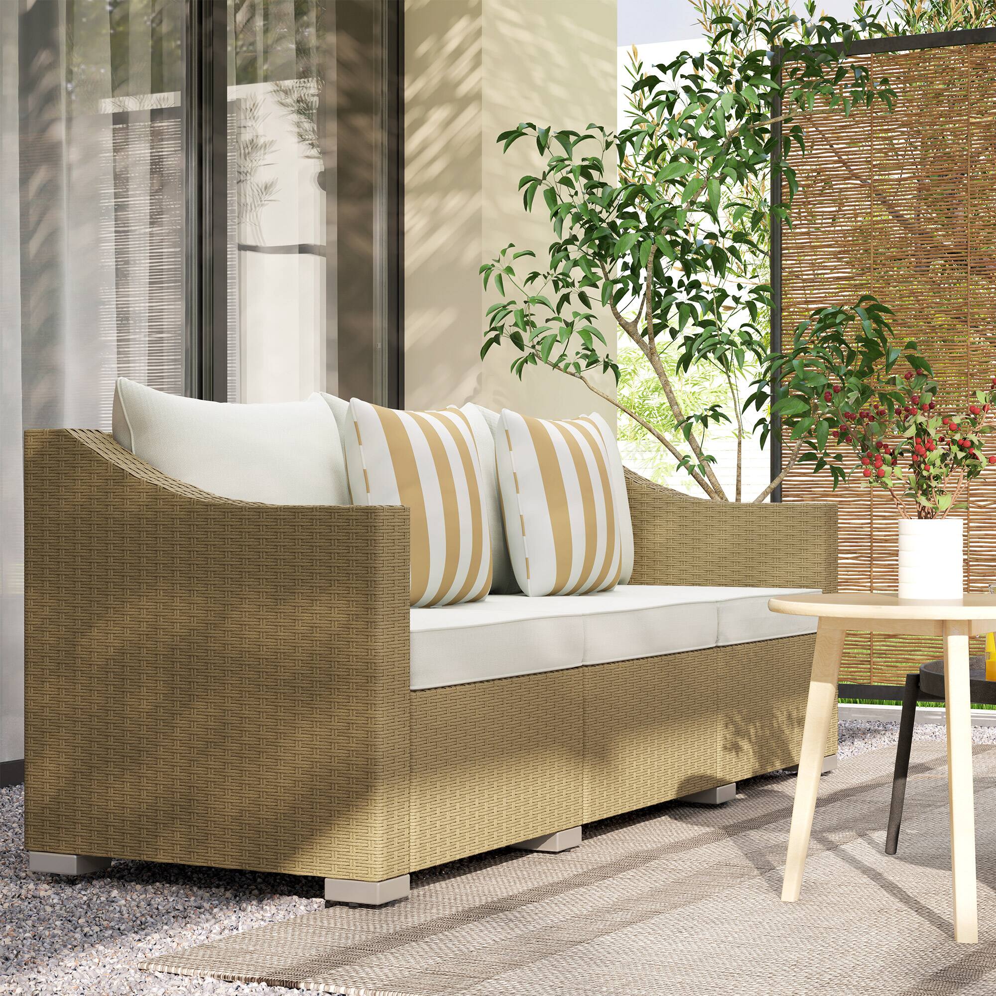 Alt View 1. Outsunny - 3 Seater Patio Sofa, Wicker Sofa with Cushions, Outdoor Furniture Rattan Couch with 2 Throw Pillows, Deep Seating - Cream White.