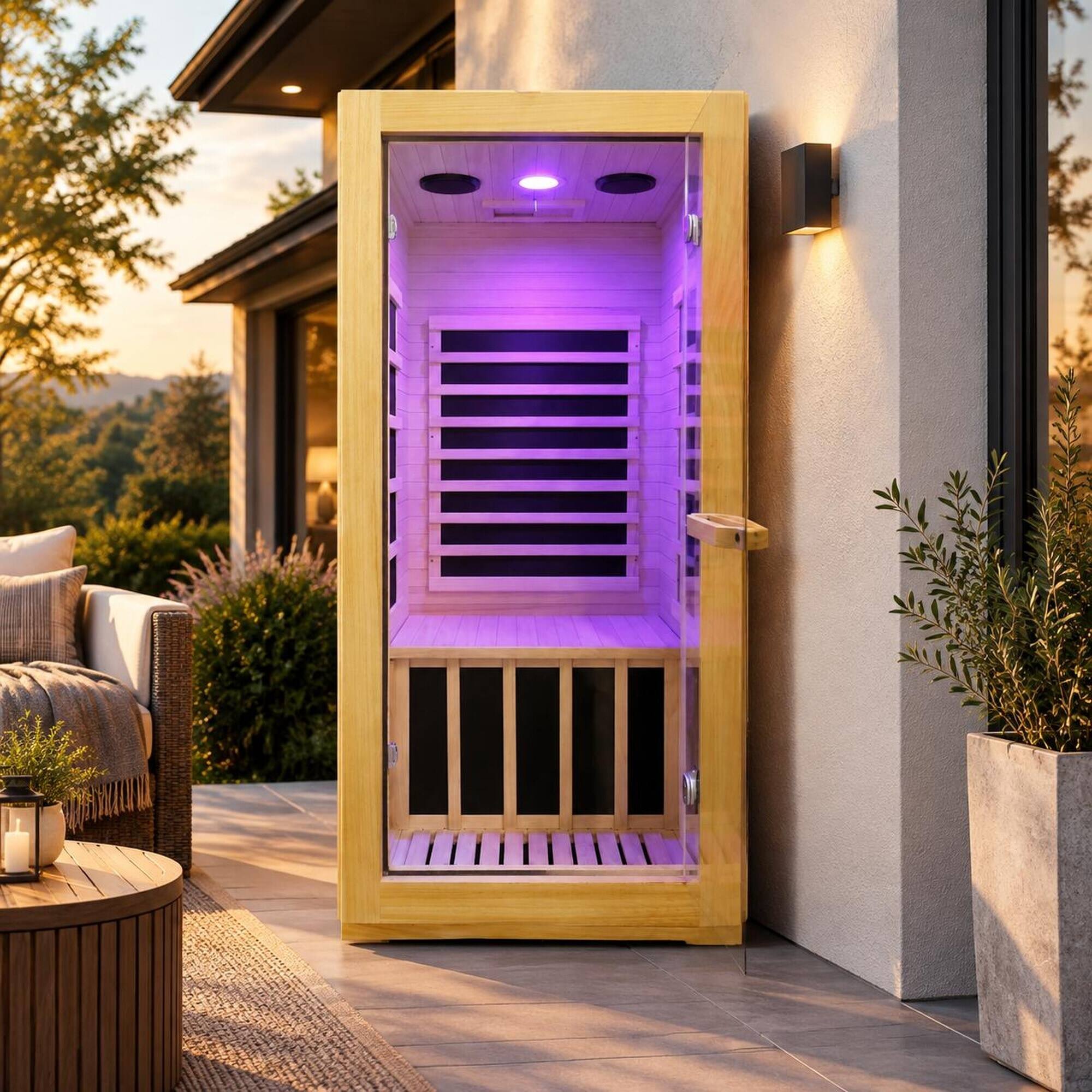 Angle. RYHNUYNE - Infrared Sauna Room, Single Person, 900W, 5 Epoxy Heating Plates, AUS Wood, 10-Color Downlight, 100 kg Seat Capacity - Natural.