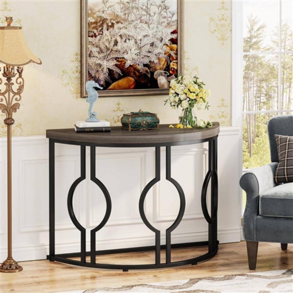 Back. Hivvago - Modern 43-inch Half Moon Accent Sofa Table with Grey Wood Top Black Frame - Grey, Black.