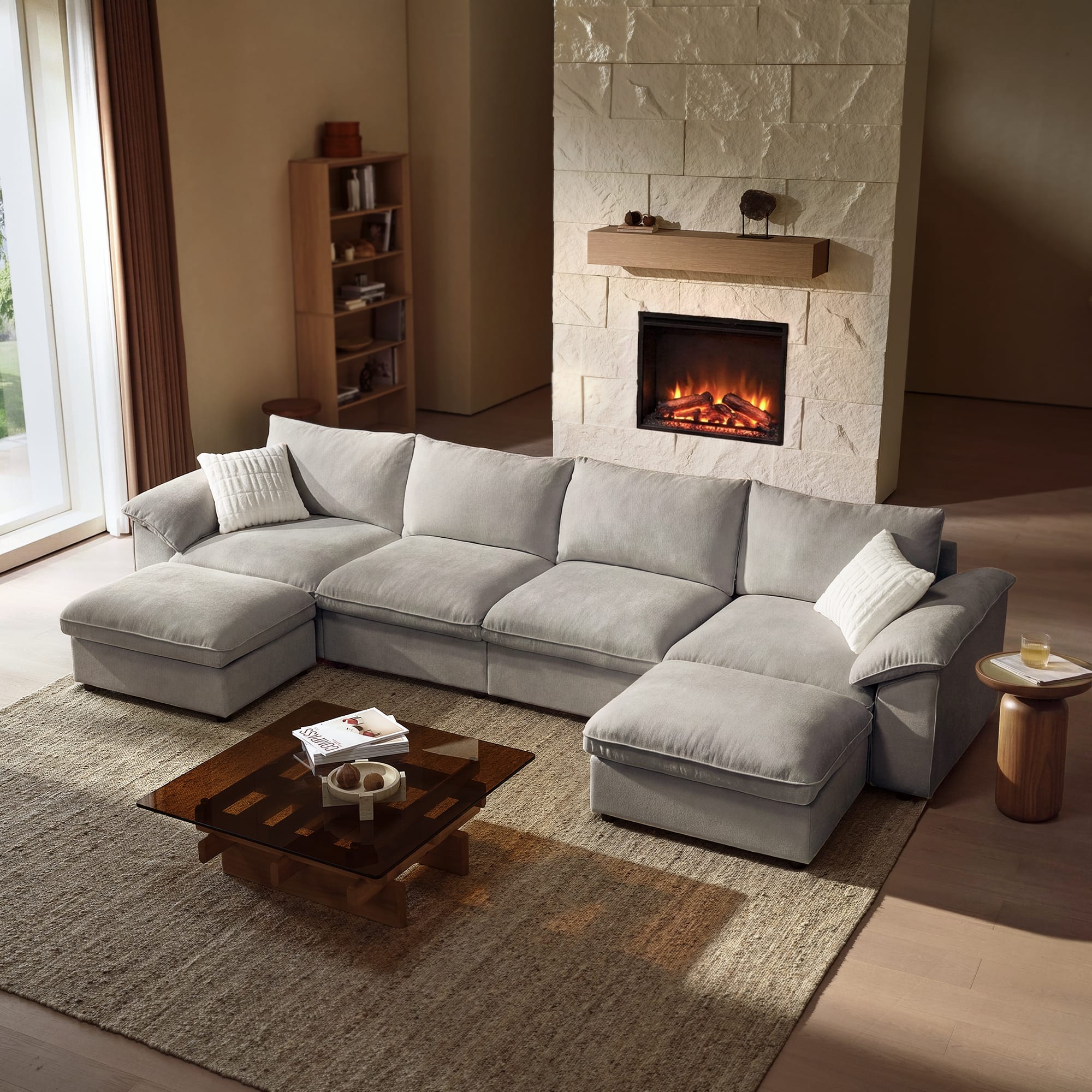 ModernMate - 145.64" W 4-Seat Chenille Cloud Down-Blend Modular U-shape Sectional with Storage Ottoman for Living Room - Gray U-Shaped