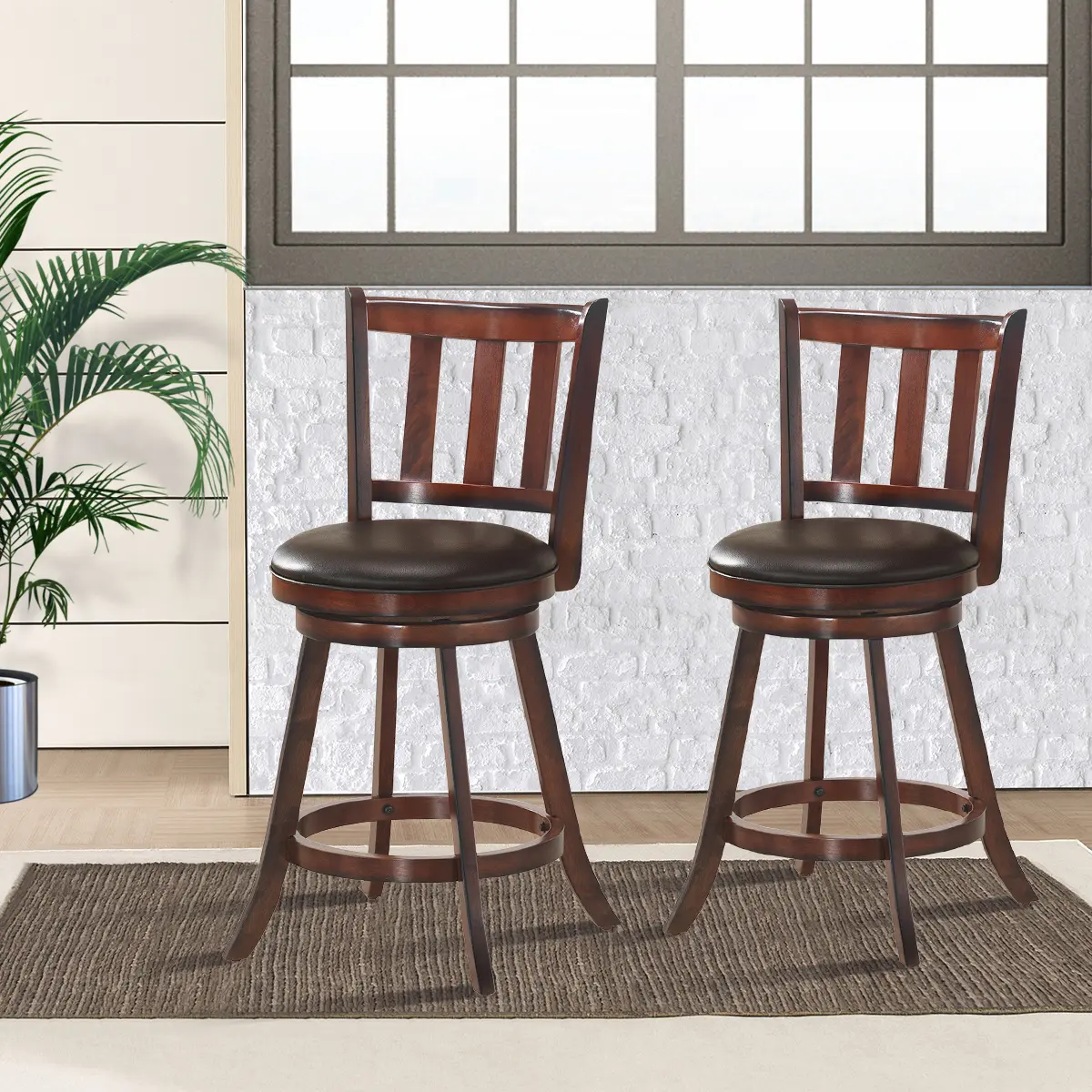 Alt View 3. Costway - Costway Set of 2 25" Swivel Bar stool Leather Padded Dining Kitchen Pub Bistro Chair High Back - Nut-brown.