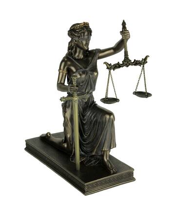 Front. Veronese Design - Bronze Finish Lady Justice Kneeling Holding Balance Scales and Sword Statue - Bronze.