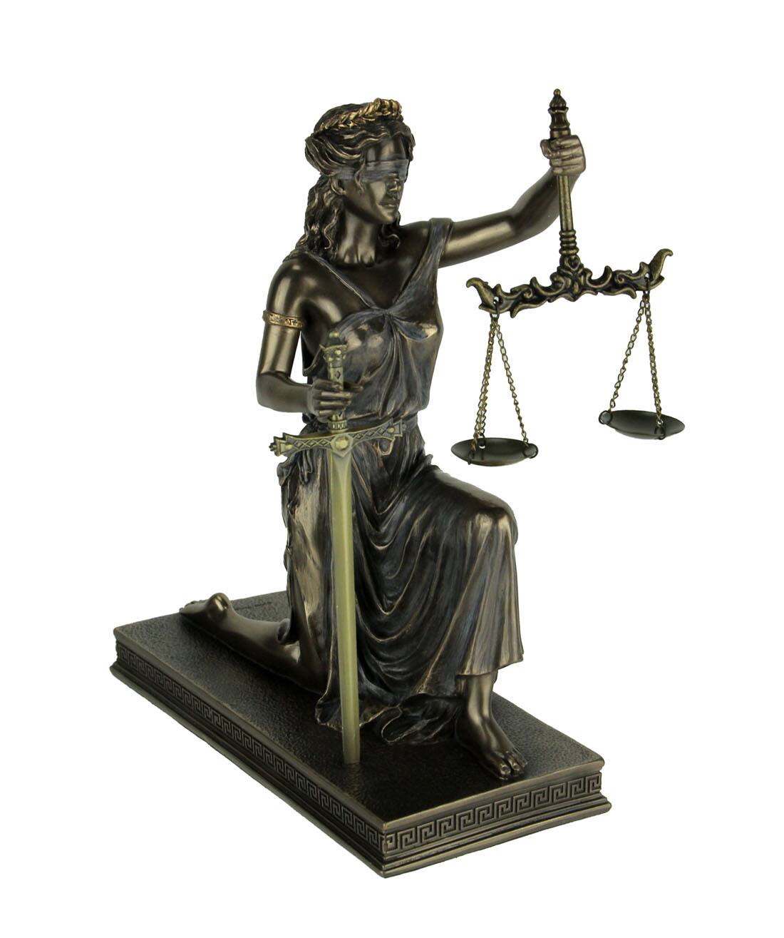Front. Veronese Design - Bronze Finish Lady Justice Kneeling Holding Balance Scales and Sword Statue - Bronze.