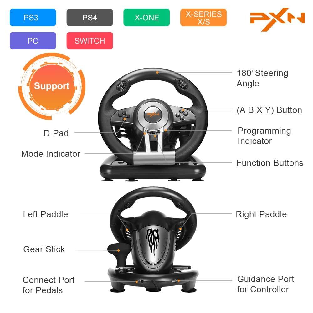 PS3 PC PS4 SWITCH X-ONE X-SERIES X/S PXN Support

180° Steering Angle

(A B X Y) Button

D-Pad

Mode Indicator

Programming Indicator

Function Buttons

Left Paddle

Right Paddle

Gear Stick

Connect Port for Pedals

Guidance Port for Controller