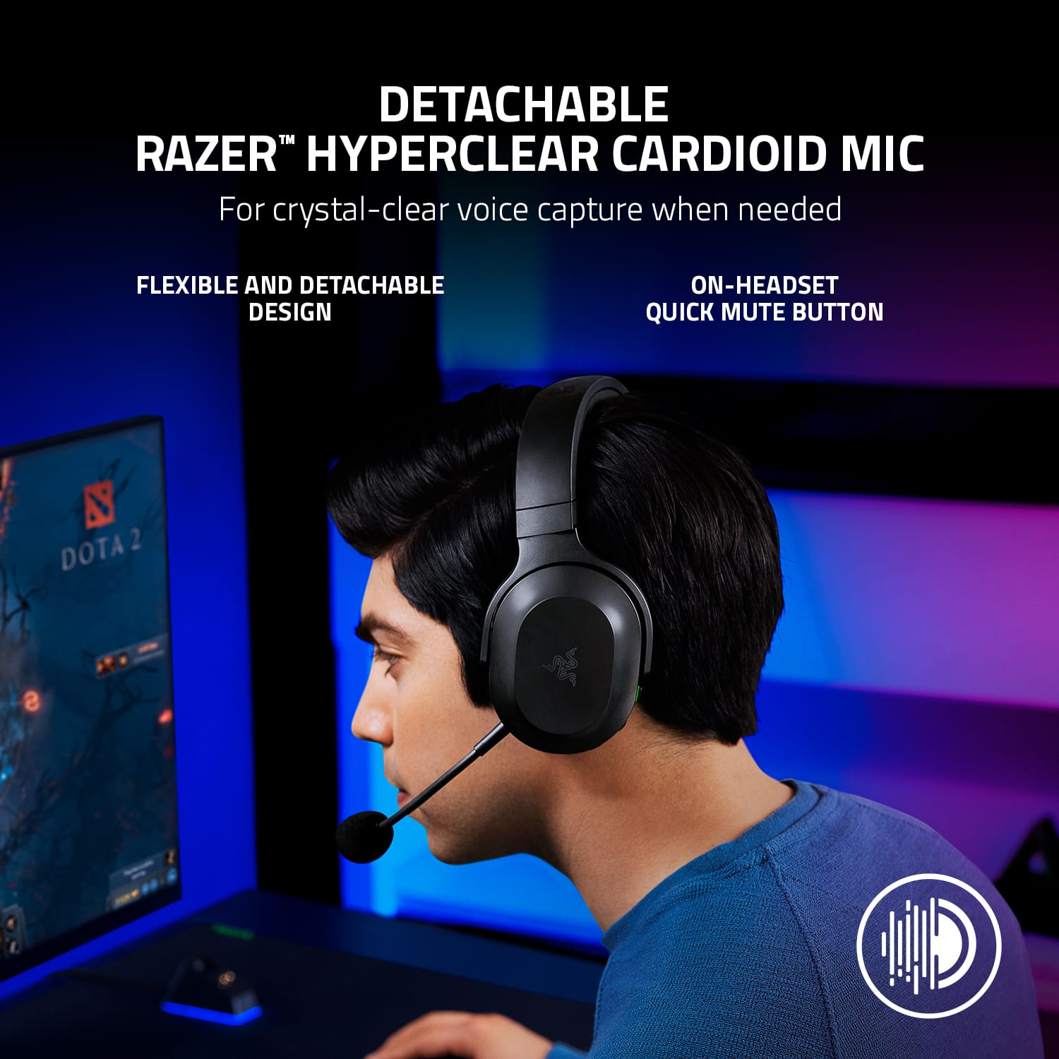 DETACHABLE RAZER HYPERCLEAR CARDIOID MIC: For crystal-clear voice capture when needed. FLEXIBLE AND DETACHABLE DESIGN: On-headset quick mute button. N DOTA 2.