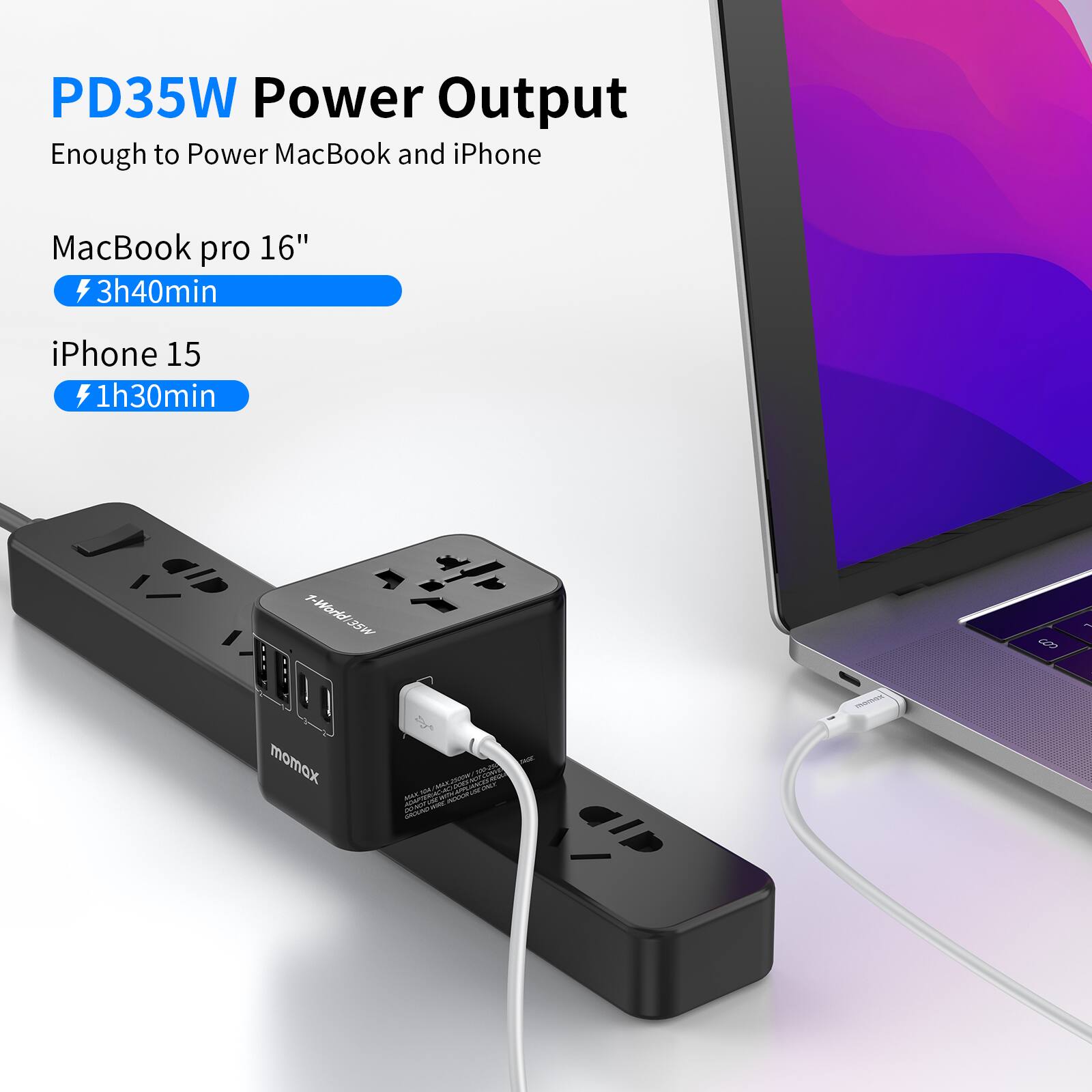 PD35W Power Output  
Enough to Power MacBook and iPhone  

MacBook pro 16"  
3h40min  

iPhone 15  
1h30min  

1-W435W  
momax