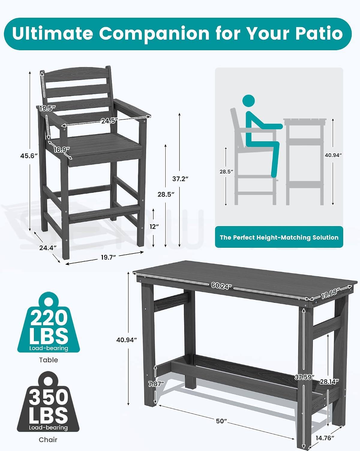 Ultimate Companion for Your Patio

19.5"
24.5"
45.6"
16.9"
40.94"
37.2"
28.5"
28.5"
24.4"
19.7"
12"

The Perfect Height-Matching Solution

220 LBS Load-bearing Table
40.94"
60.24"
19.68"

350 LBS Load-bearing Chair
7.87"
50"
37.59" 28.14" 14.76"