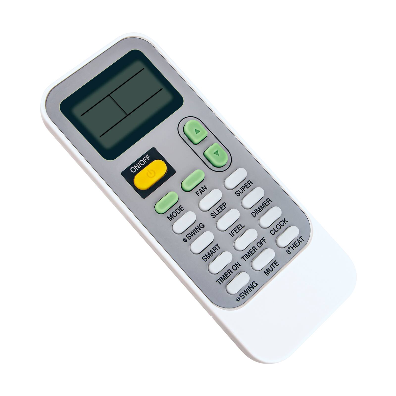 ON/OFF, FAN, SUPER, MODE, SLEEP, DIMMER, SWING, IFEEL, CLOCK, OFF, HEAT, SMART, TIMER ON, MUTE, TIMER OFF, SWING