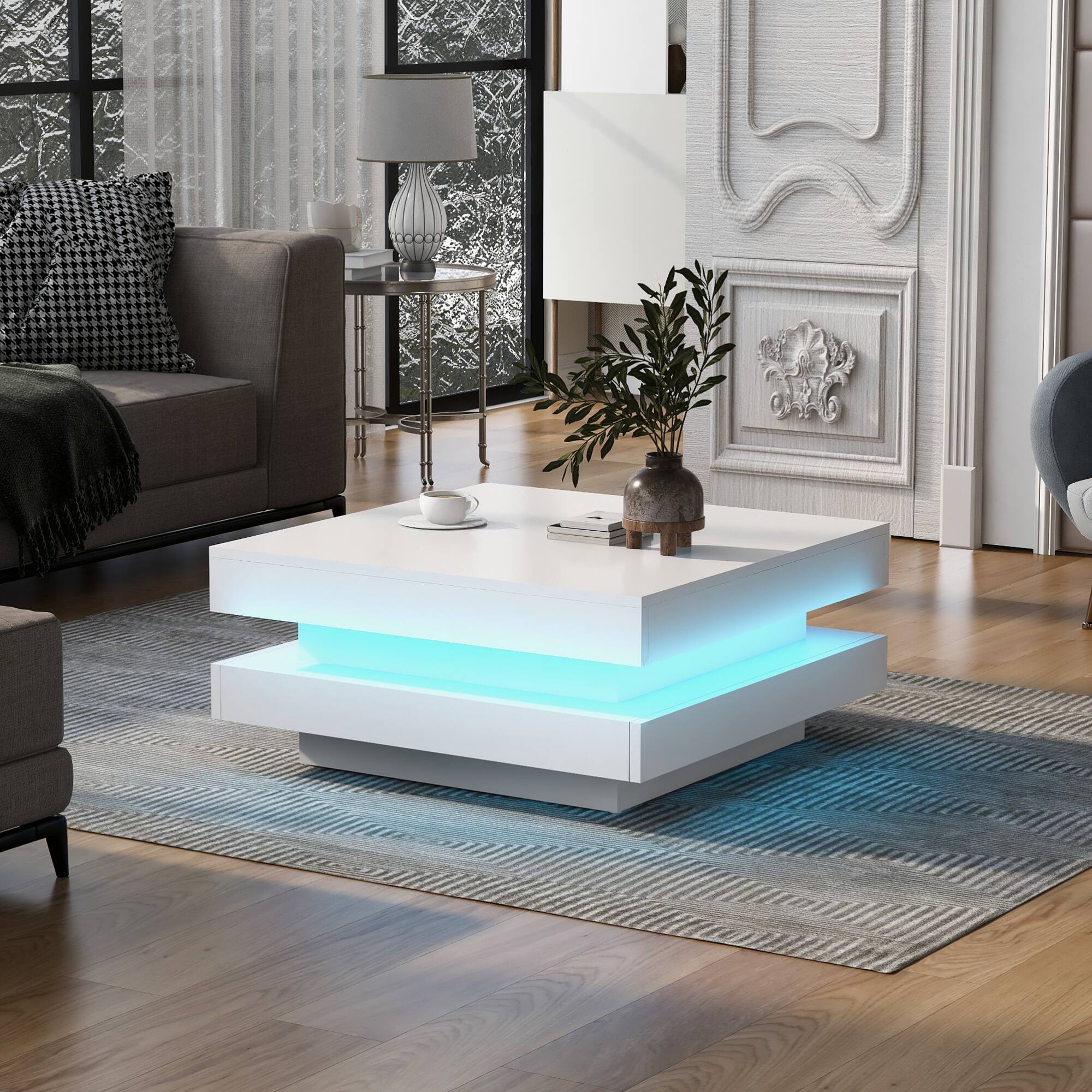 Angle. GOODSILO - Modern LED Illuminated Two-Tier Square Coffee Table with High-Gloss Finish for Living Room - White.
