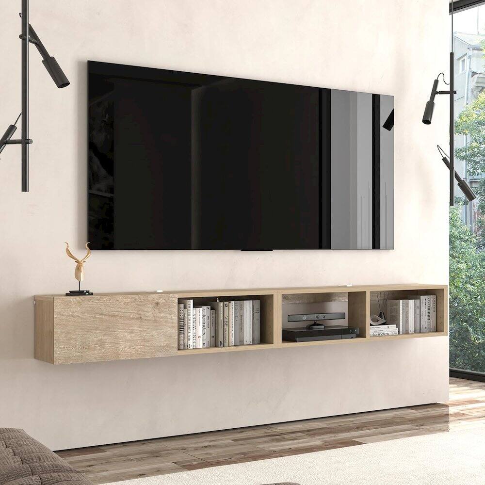 Left. Atelier Mobili - Floating TV Stand for 75 Inch TV, Wall Mounted TV Stand - Beige.