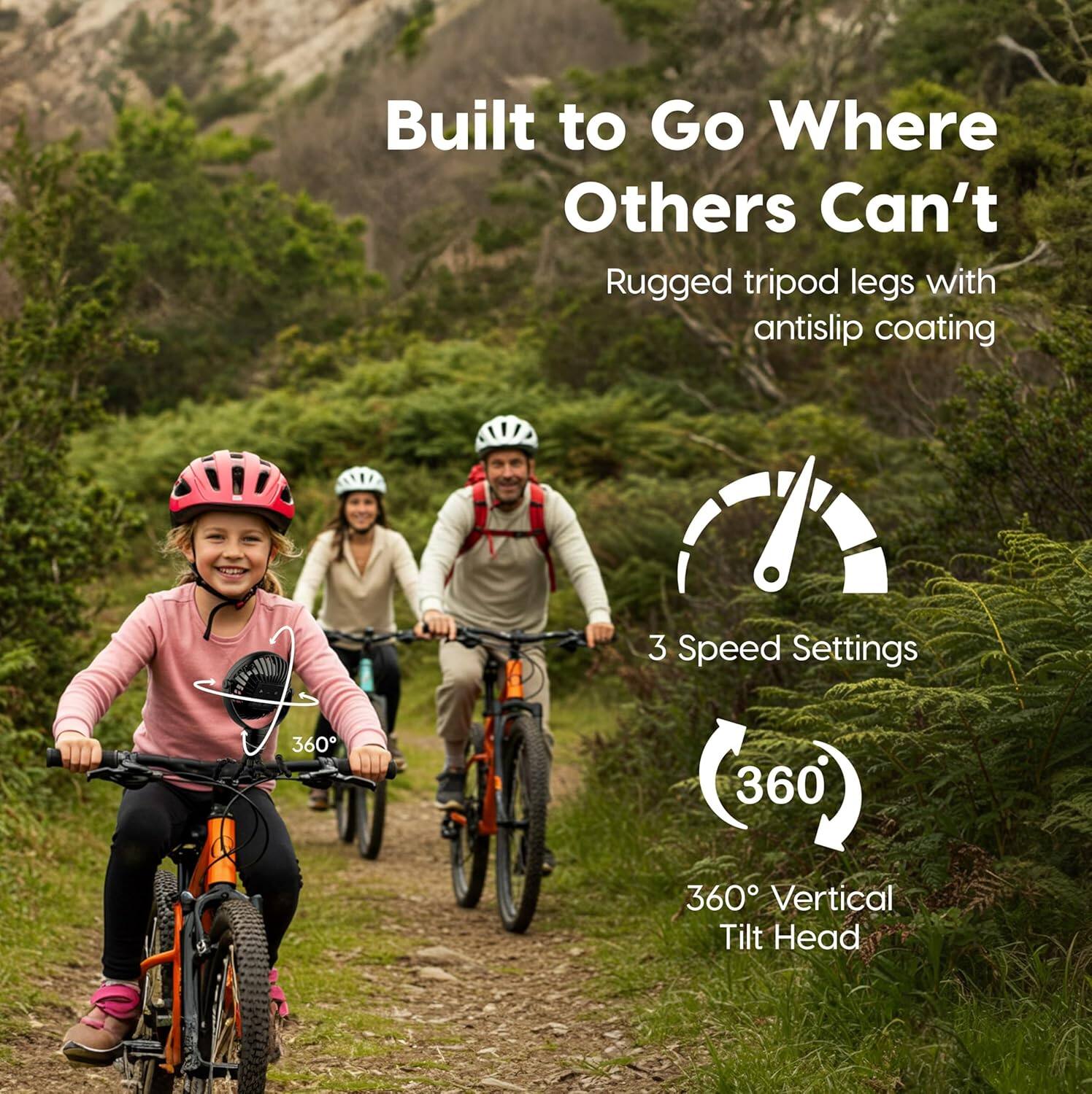 Built to Go Where Others Can't  
Rugged tripod legs with antislip coating  
3 Speed Settings  
360° Vertical Tilt Head