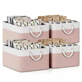Sugift - 4 Pack Collapsible Fabric Storage Bins with Rope Handles - Pink+White