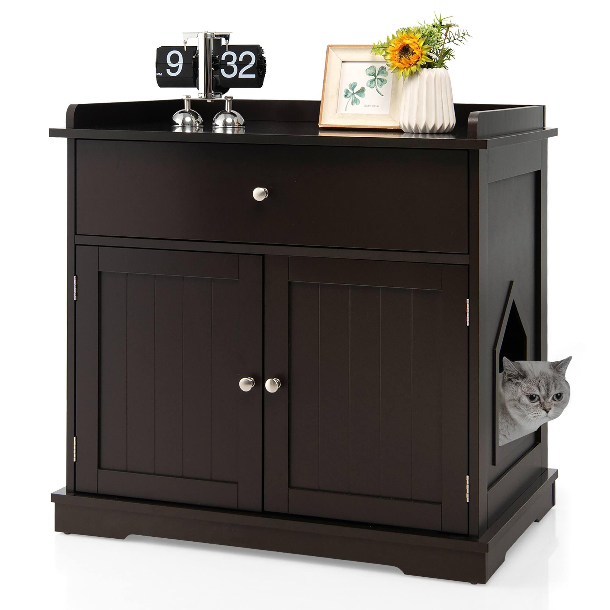 Alt View 9. Gymax - Gymax Wooden Cat Litter Box Enclosure w/ Drawer Side Table Furniture Coffee - Coffee.