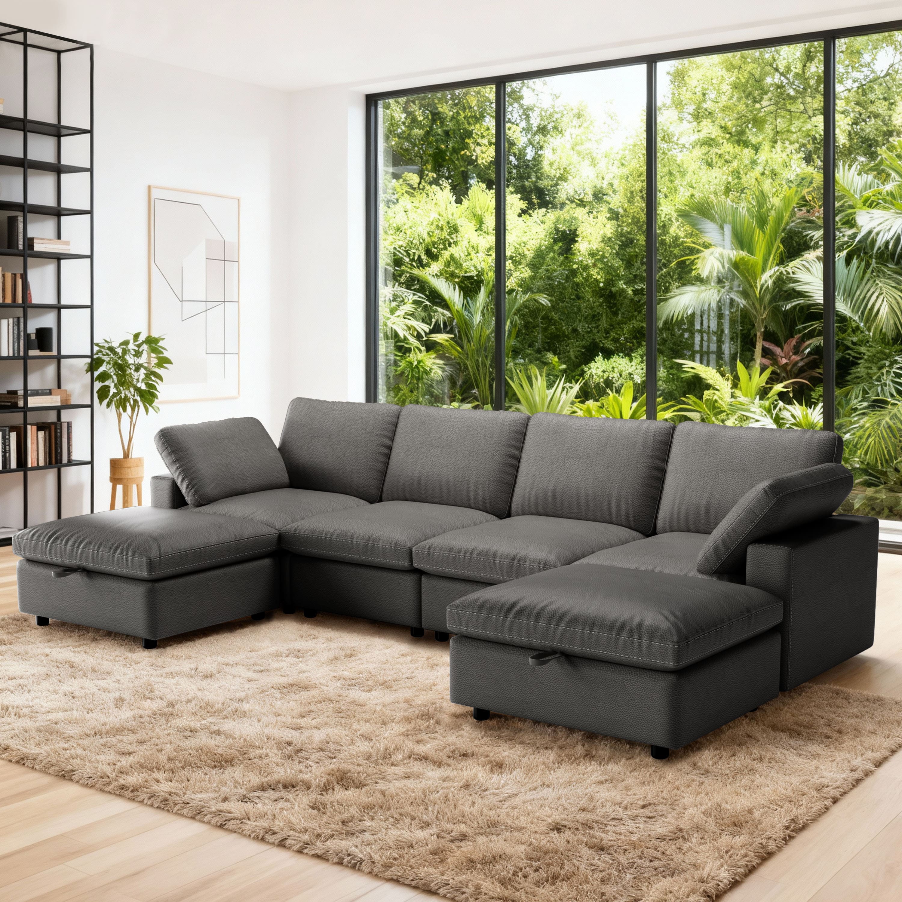 Vipbear - U-Shaped 130" Leather Modular Sectional Sofa with Storage Ottoman,5-Seater,Solid Wood Frame,Gray - Gray-U