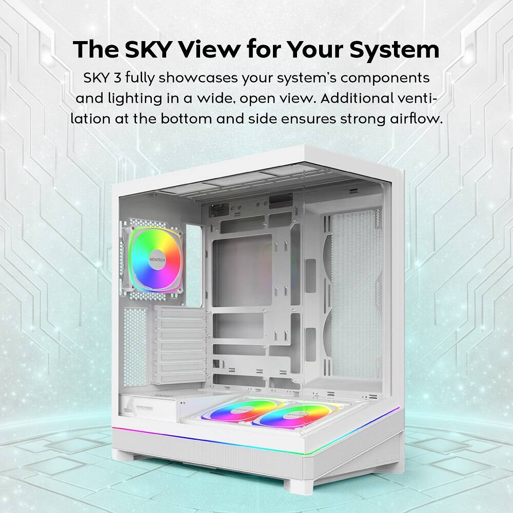 The SKY View for Your System

SKY 3 fully showcases your system's components and lighting in a wide, open view. Additional ventilation at the bottom and side ensures strong airflow.
