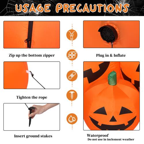 USAGE PRECAUTIONS

- Zip up the bottom zipper
- Plug in & Inflate
- Tighten the rope
- Insert ground stakes
- Waterproof
- Do not use in inclement weather