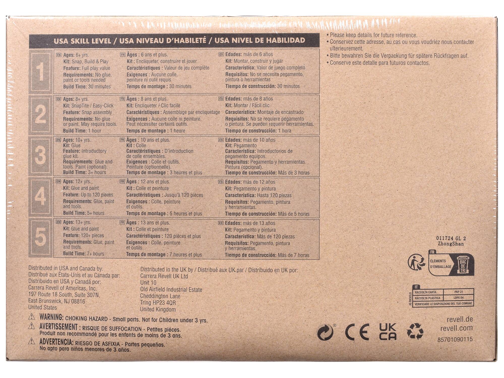 **USA SKILL LEVEL / USA NIVEAU D'HABILITÉ / USA NIVEL DE HABILIDAD**

1. **Ages: 6+ yrs.**  
   - Kit: Snap, Build & Play  
   - Feature: Full play value  
   - Requirements: No glue, paint or tools needed  
   - Build Time: 30 minutes  

2. **Ages: 8+ yrs.**  
   - Kit: SnapIt / Easy-Click  
   - Feature: Snap assembly  
   - Requirements: No glue or paint. May require tools  
   - Build Time: 1 hour  

3. **Ages: 10+ yrs.**  
   - Kit: Glue  
   - Feature: Introductory glue kit  
   - Requirements: Glue and tools. Paint (optional)  
   - Build Time: 3+ hours  

4. **Ages: 12+ yrs.**  
   - Feature: Up to 120 pieces  
   - Requirements: Glue, paint and tools  
   - Build Time: 5+ hours  

5. **Ages: 13+ yrs.**  
   - Kit: Glue and paint