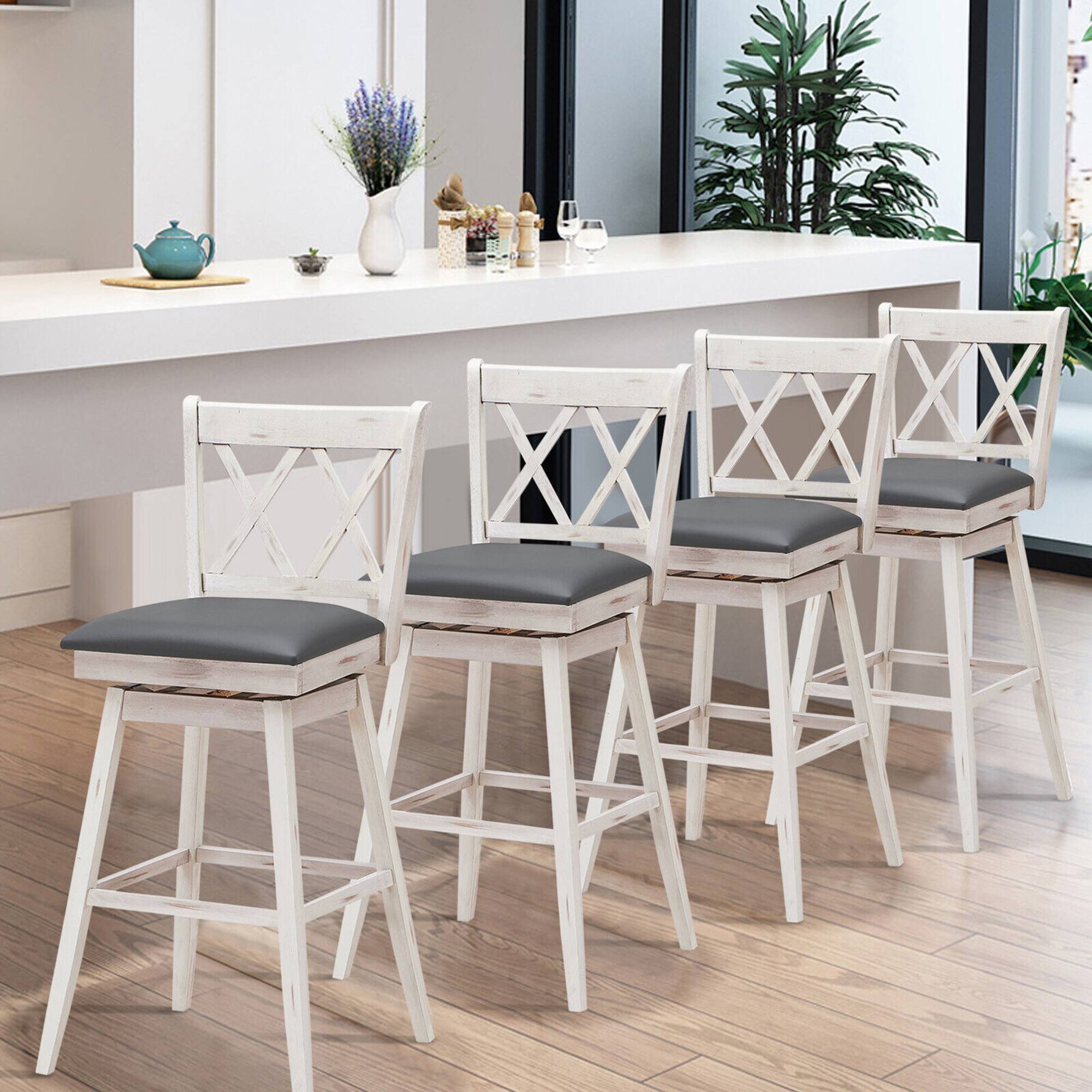 Alt View 2. Gymax - Gymax Set of 4 Barstools Swivel Bar Height Chairs with Rubber Wood Legs Antique White - Antique White.