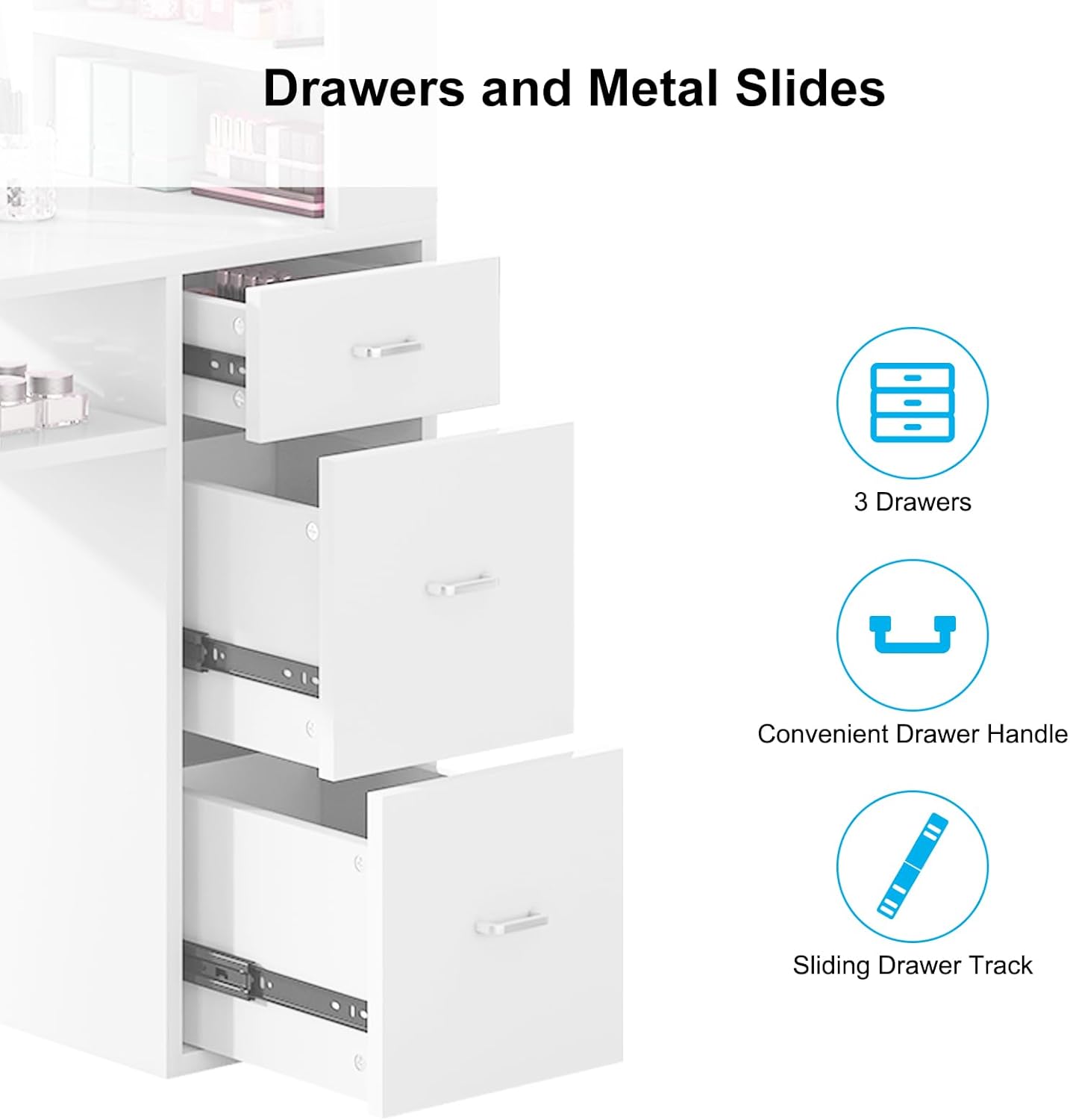 Drawers and Metal Slides

- 3 Drawers
- Convenient Drawer Handle
- Sliding Drawer Track