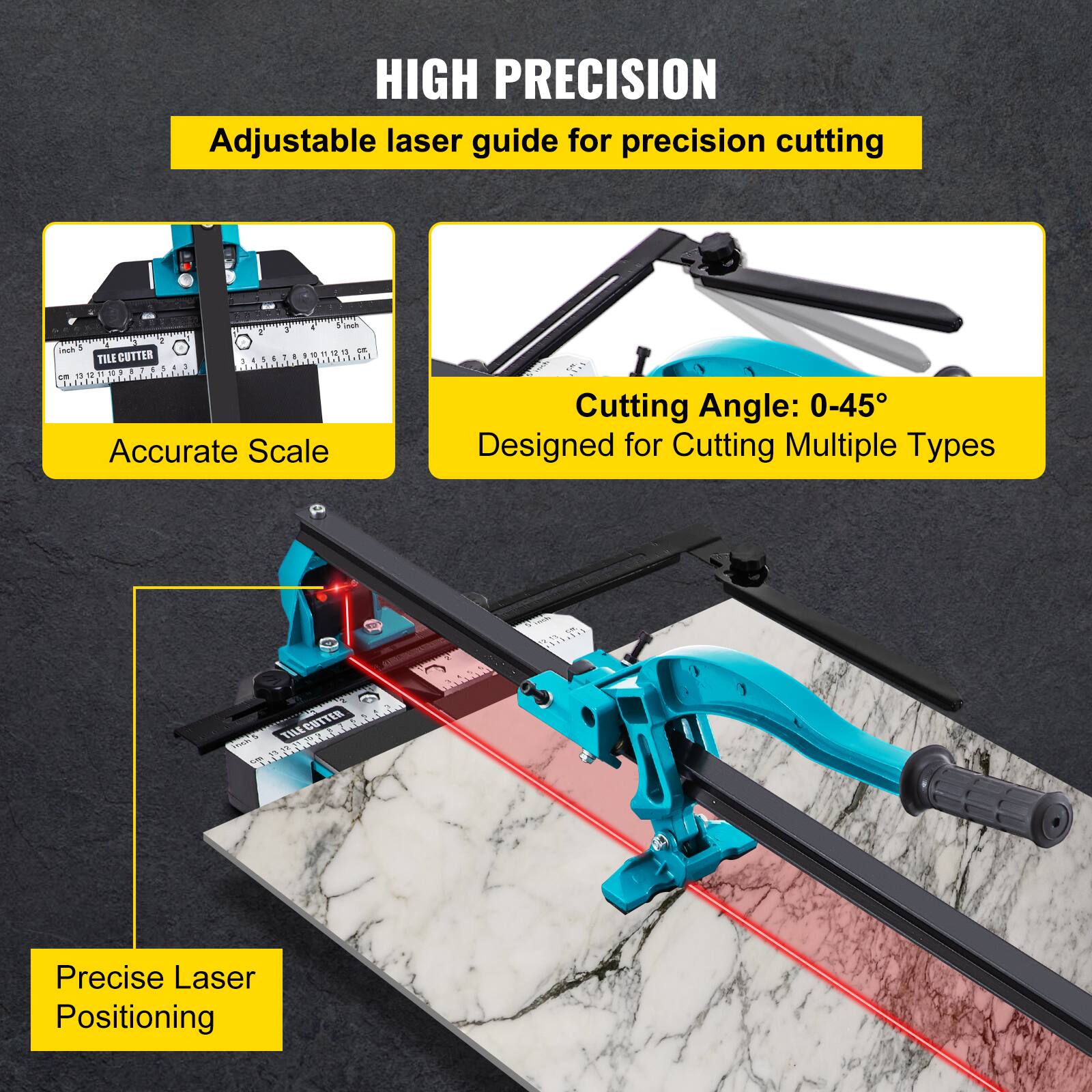 HIGH PRECISION Adjustable laser guide for precision cutting  
Accurate Scale Cutting Angle: 0-45° Designed for Cutting Multiple Types  
Precise Laser Positioning