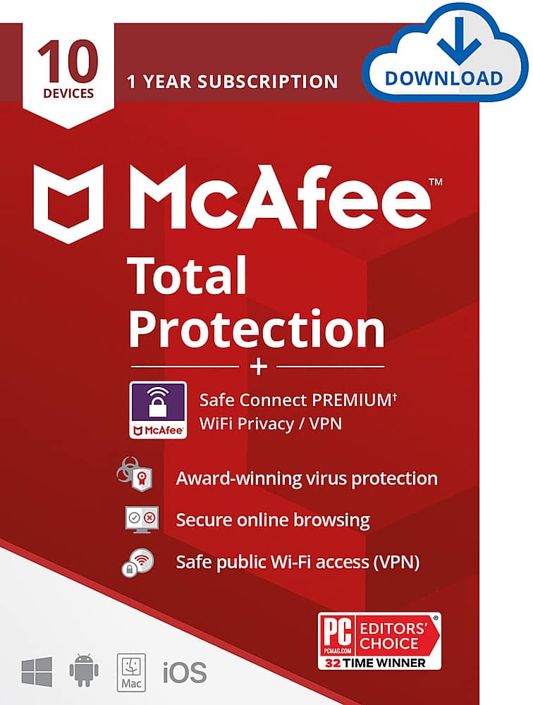 Front. McAfee - Total Protection + Safe Connect (10 Device) (1-Year Subscription).