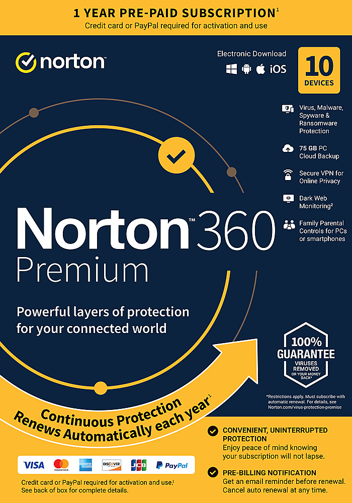 NortonLifeLock - Norton 360 Premium (10-Device) (1-Year Subscription with Auto Renewal) - Android, Mac, Windows, iOS