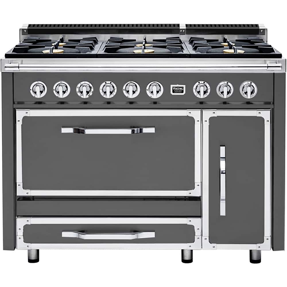 Front. Viking - Tuscany 6.2 Cu. Ft. Freestanding Double Oven Dual Fuel True Convection Range - Damascus Gray.
