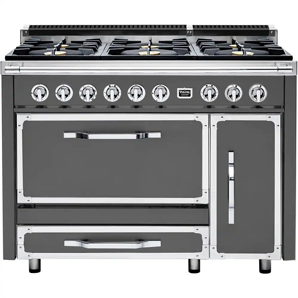 Front. Viking - Tuscany 6.2 Cu. Ft. Freestanding Double Oven Dual Fuel True Convection Range - Damascus Gray.