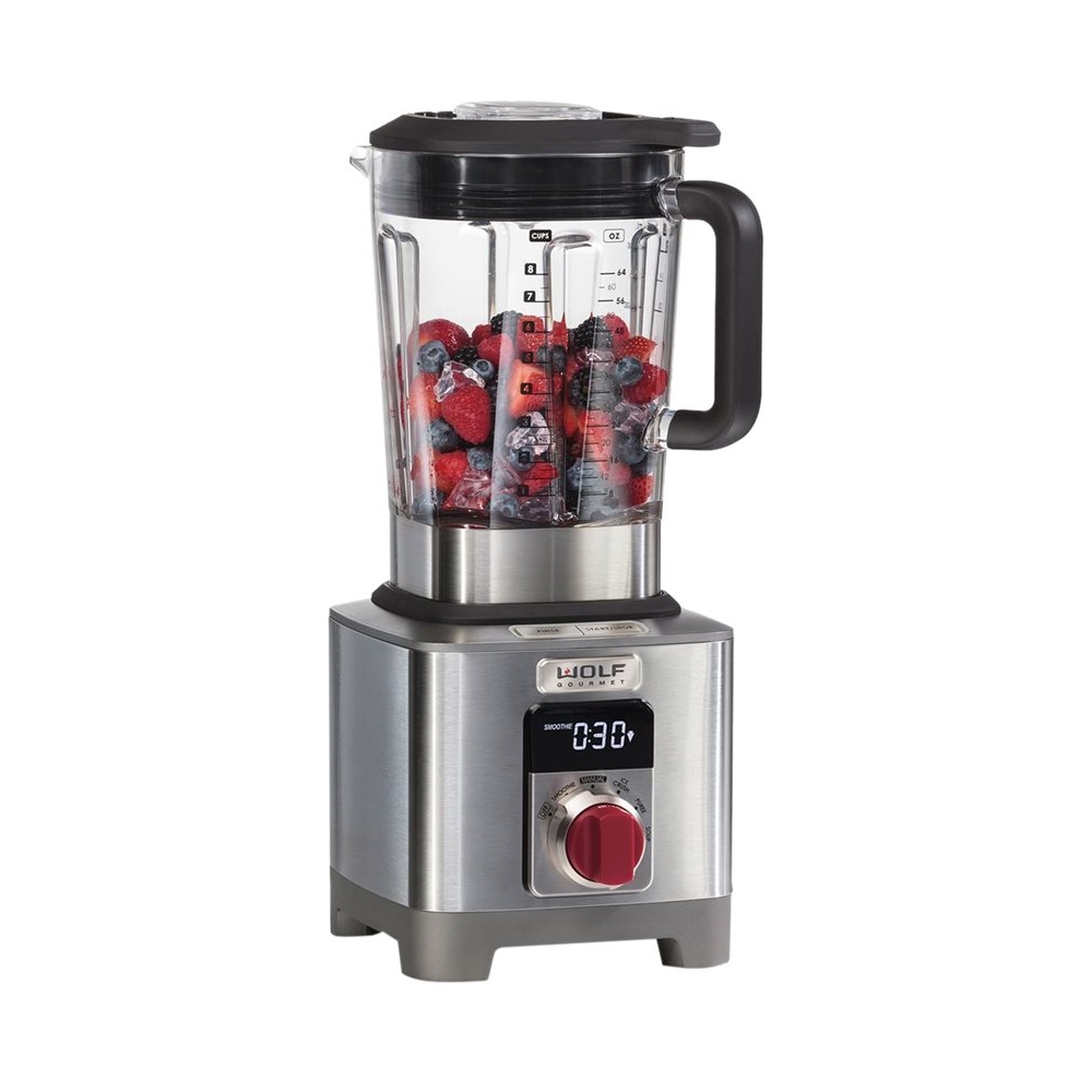 Left View: Wolf Gourmet - 64-Oz. Blender/Cooker - Stainless Steel/Red Knob
