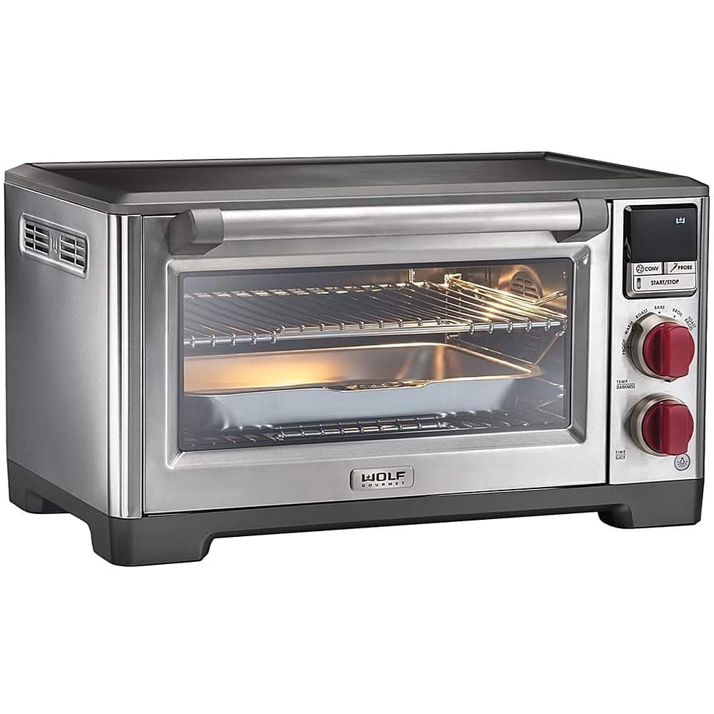Left. Wolf Gourmet - Toaster Oven - Stainless Steel/Red Knob.