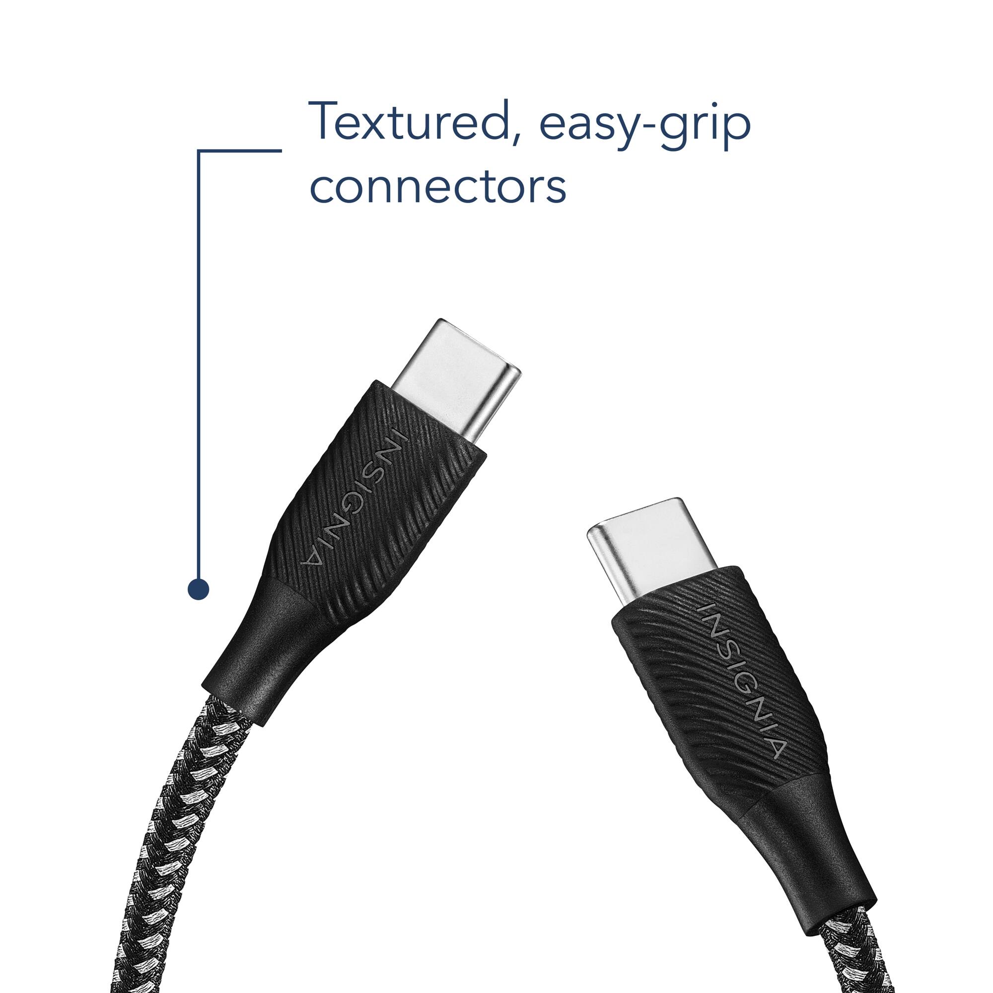 The image features a black cord with a textured, easy-grip connector. The cord is designed to provide a secure and comfortable connection for users. The connector is made by the brand Insignia, which is known for its high-quality and reliable products. The cord is likely used for charging or connecting electronic devices, such as smartphones or tablets, to a power source or other compatible devices.