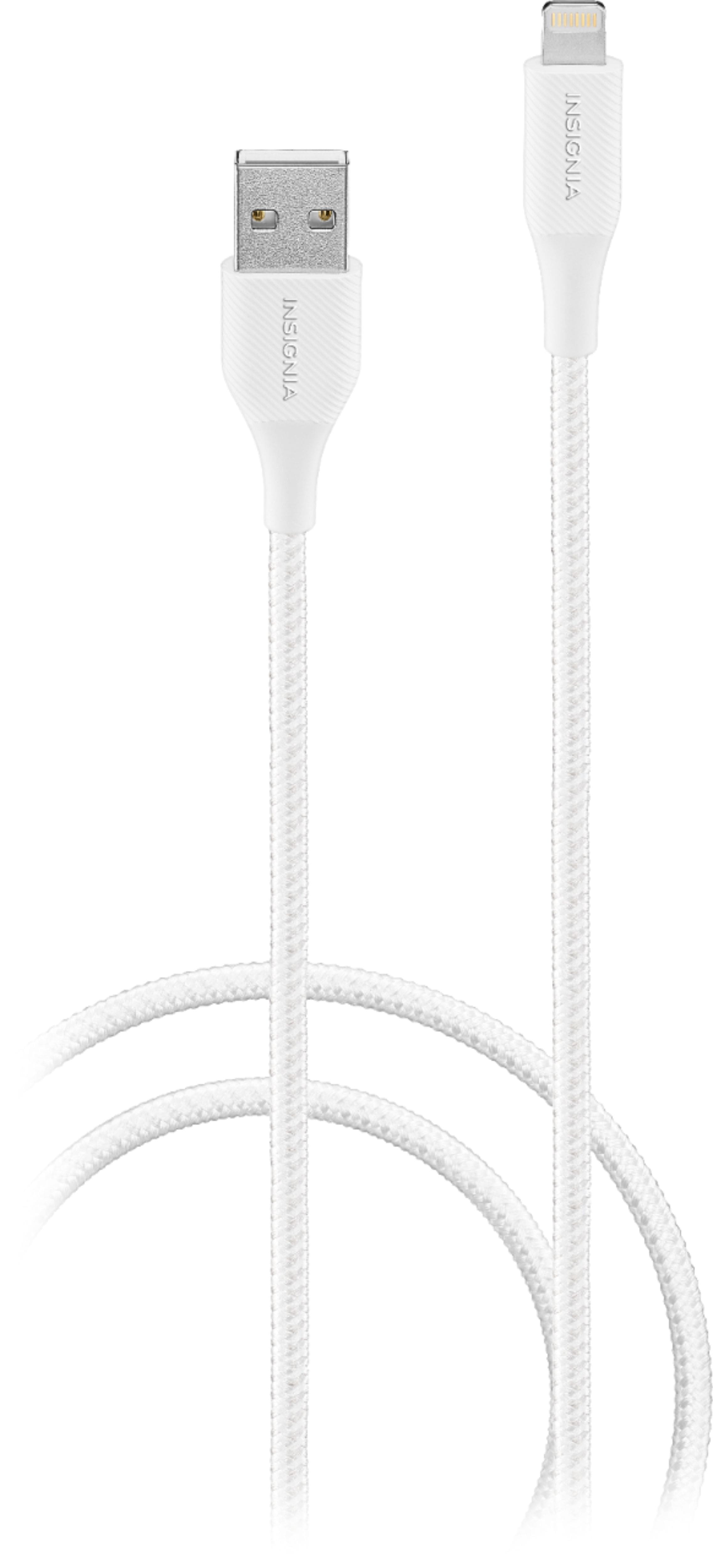 The image features a white iPhone with a white cord plugged into it, sitting on a white surface. The cord appears to be an iPod or iPhone charger, and it is connected to the device. The iPhone is placed on a wooden table, and the scene is captured in a close-up view.