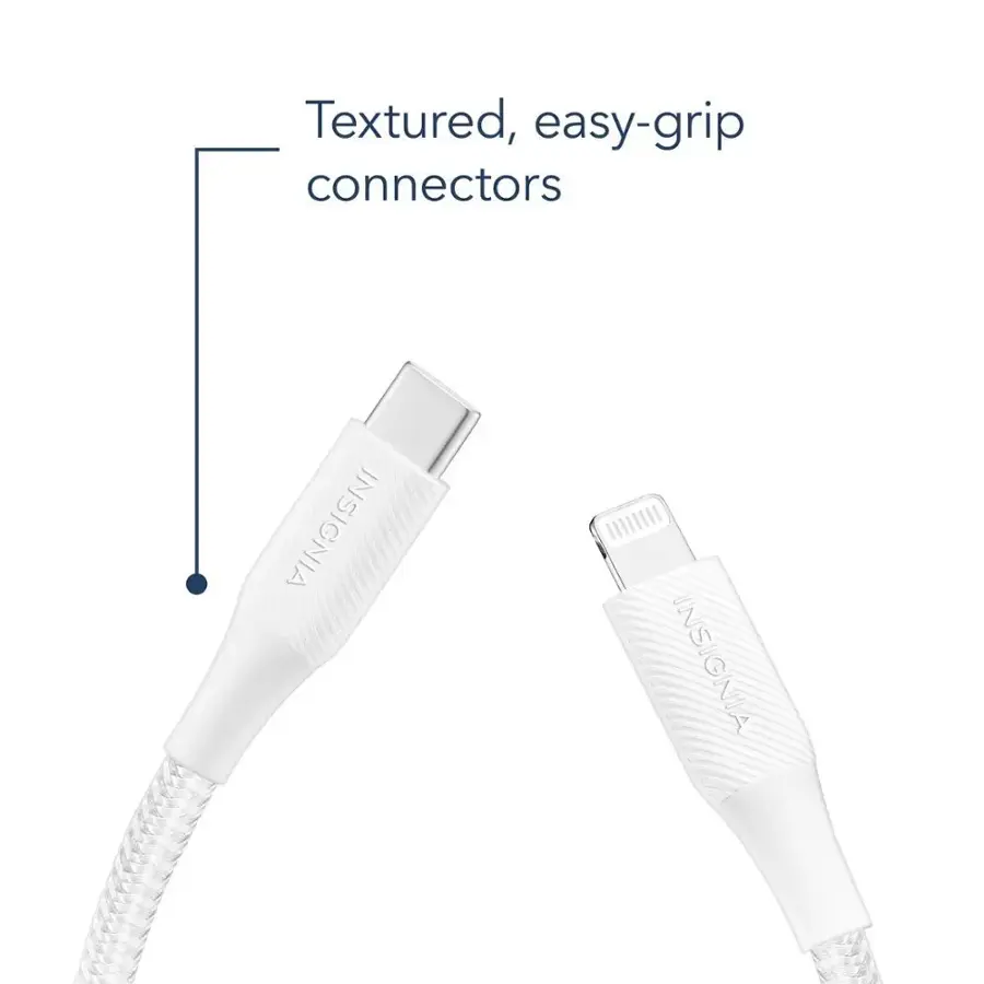 The image shows a white USB cable with a textured, easy-grip connector. The cable is designed to provide a secure connection and prevent accidental disconnection. The connector is made of a textured material that makes it easy to hold and prevents it from slipping out of the device. The cable is compatible with various devices, such as smartphones, tablets, and laptops, and can be used for charging, data transfer, or connecting to other accessories.