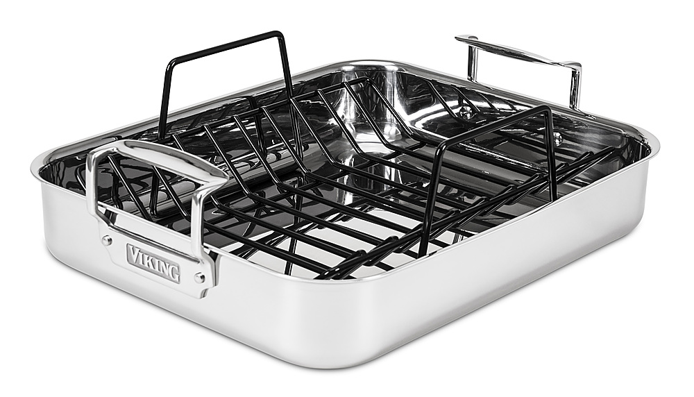 Angle View: Viking 3 Ply 16"  Roasting Pan & Nonstick Rack, Mirror - Stainless Steel